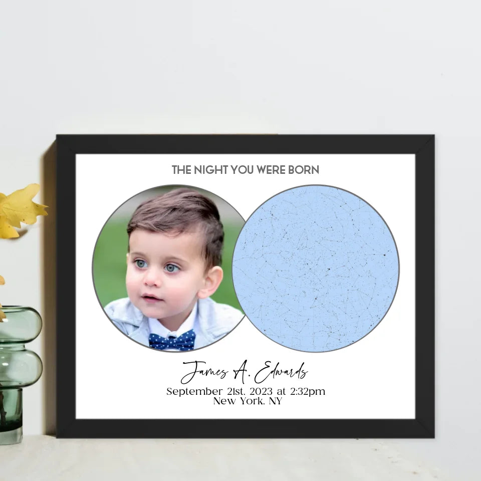 Personalized star map poster of the night you were born in a 14x11-inch black frame