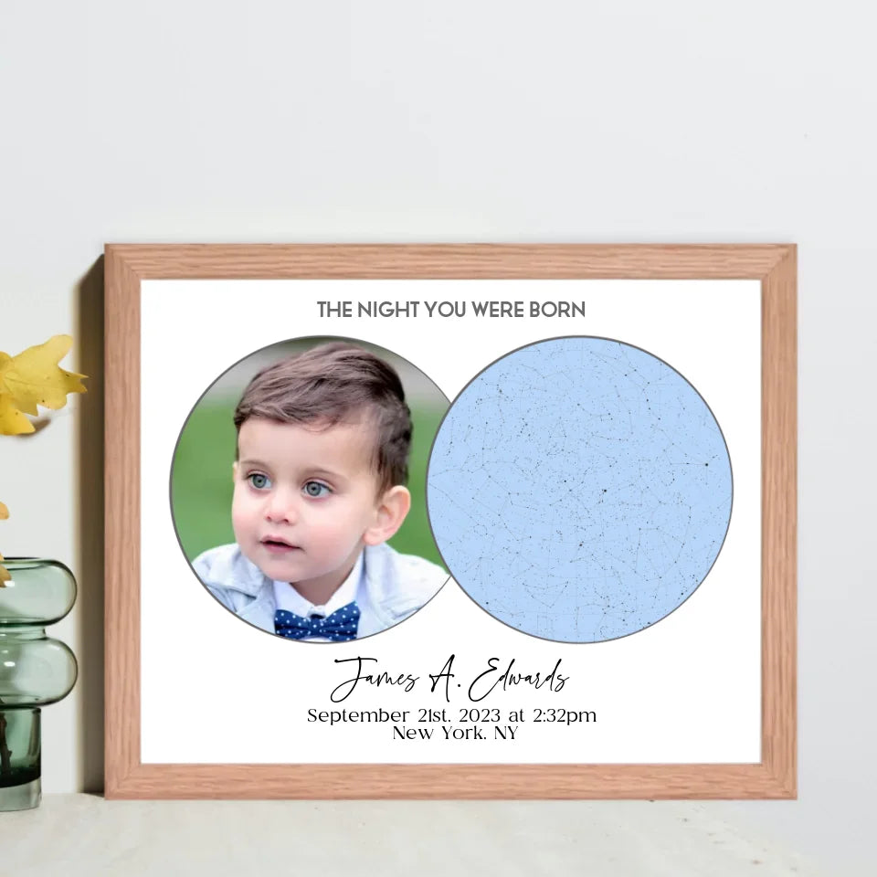 Personalized star map poster of the night you were born in a 14x11-inch red oak frame