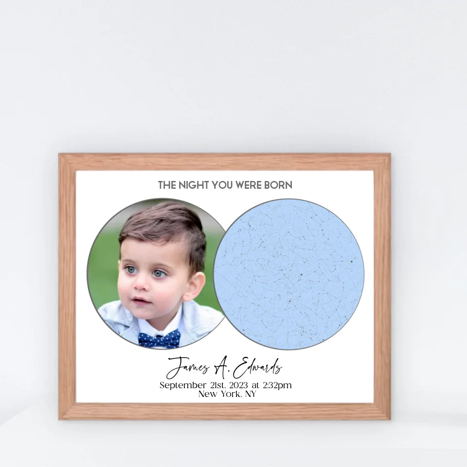 Personalized star map poster of the night you were born in a 20x16-inch red oak frame