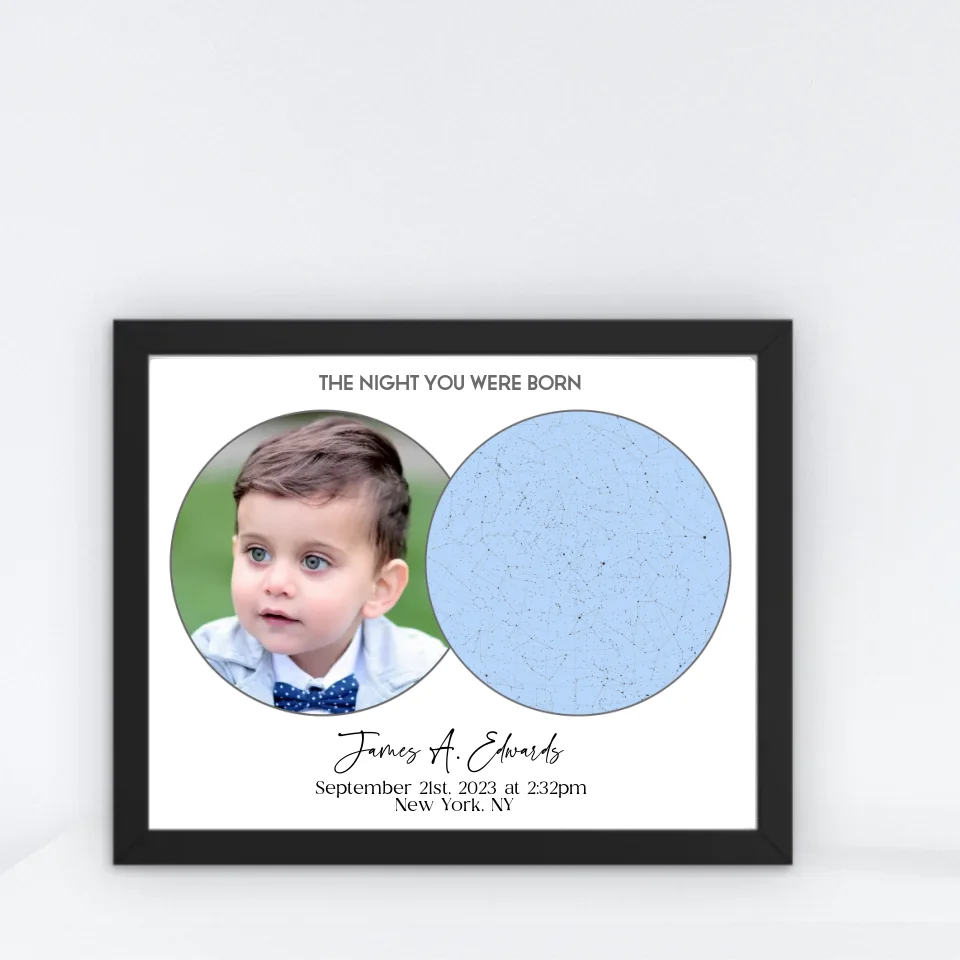 Personalized star map poster of the night you were born in a 20x16-inch black frame