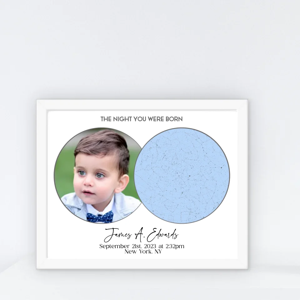 Personalized star map poster of the night you were born in a 20x16-inch white frame