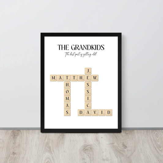 16x20 inch black Framed Poster of Grandkids' Names with Scrabble Tiles