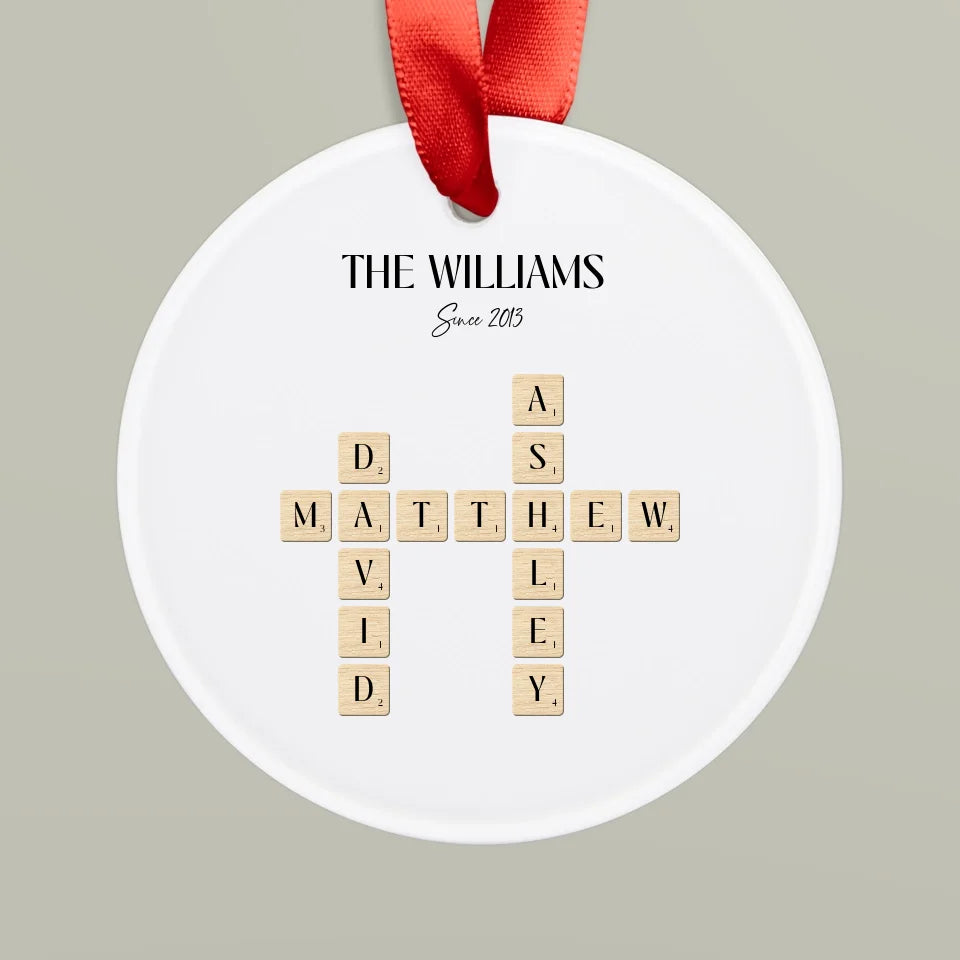 Front view of white personalized family ornament