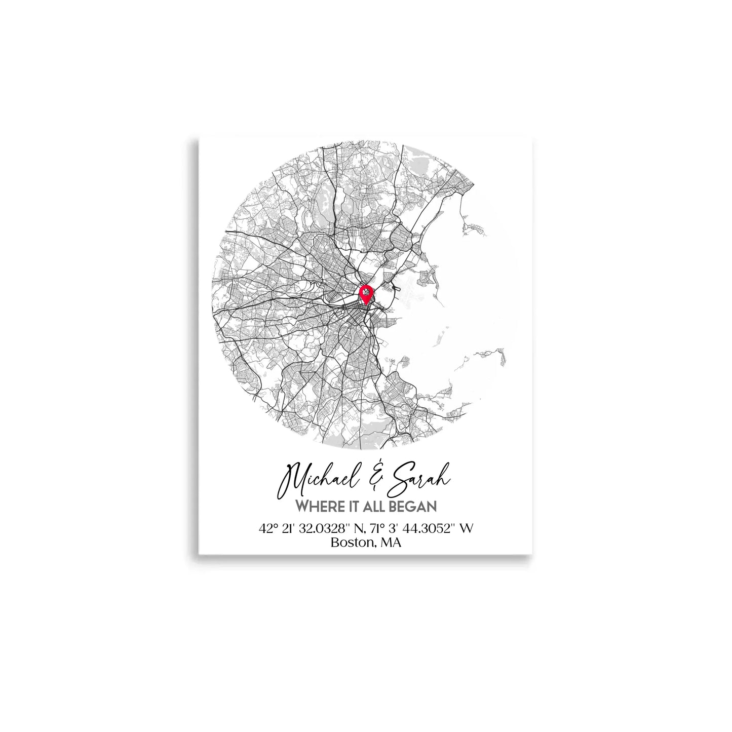 Where We Met Map Gift with an 11x14 inch poster, showing a city map with a red pin marking a location, personalized with the names 'Michael & Sarah' and coordinates for Boston, MA.