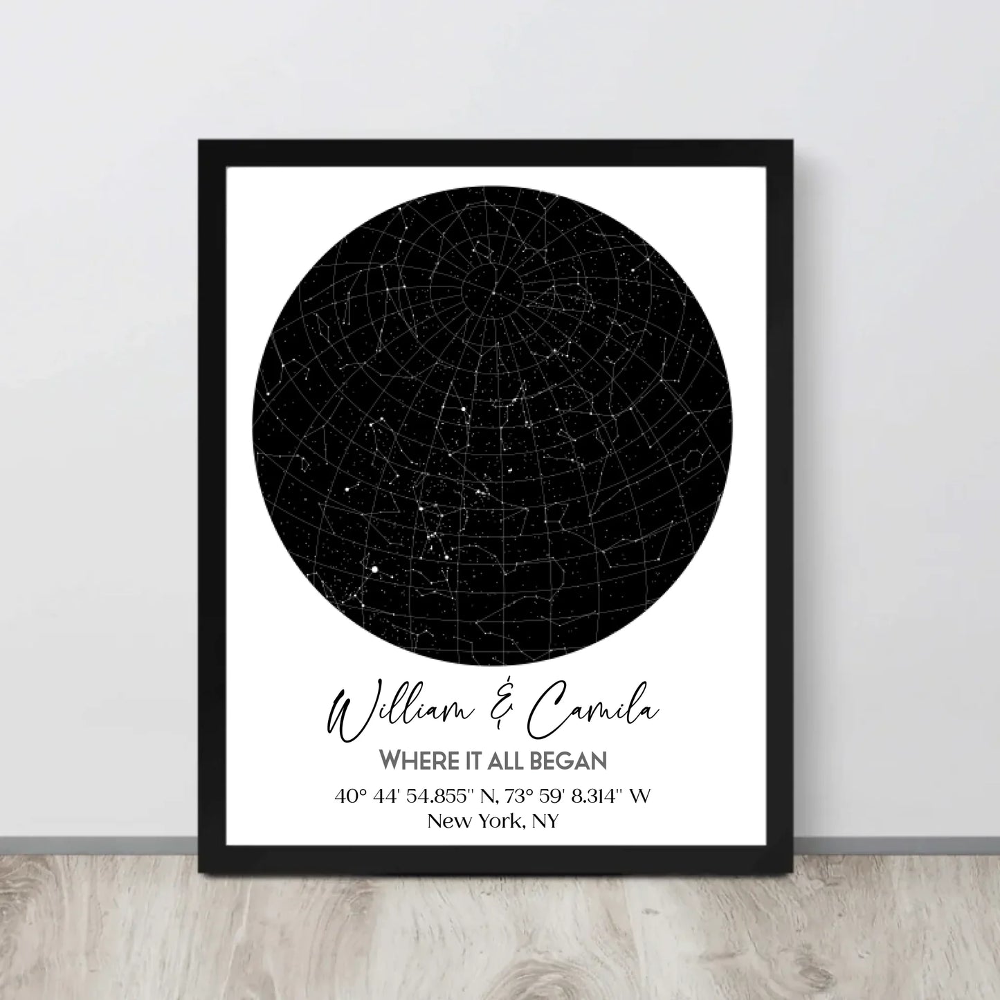 Black 16x20 inch framed custom star map featuring a black circular night sky with constellations, personalized with the names 'William & Camila,' coordinates, and the message 'Where It All Began'