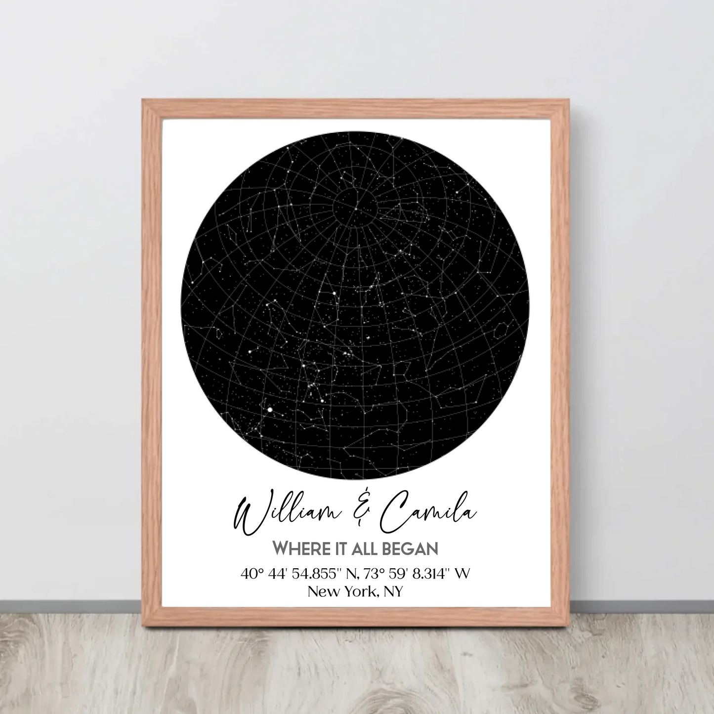 Red oak 16x20 inch framed custom star map featuring a black circular night sky with constellations, personalized with the names 'William & Camila,' coordinates, and the message 'Where It All Began'