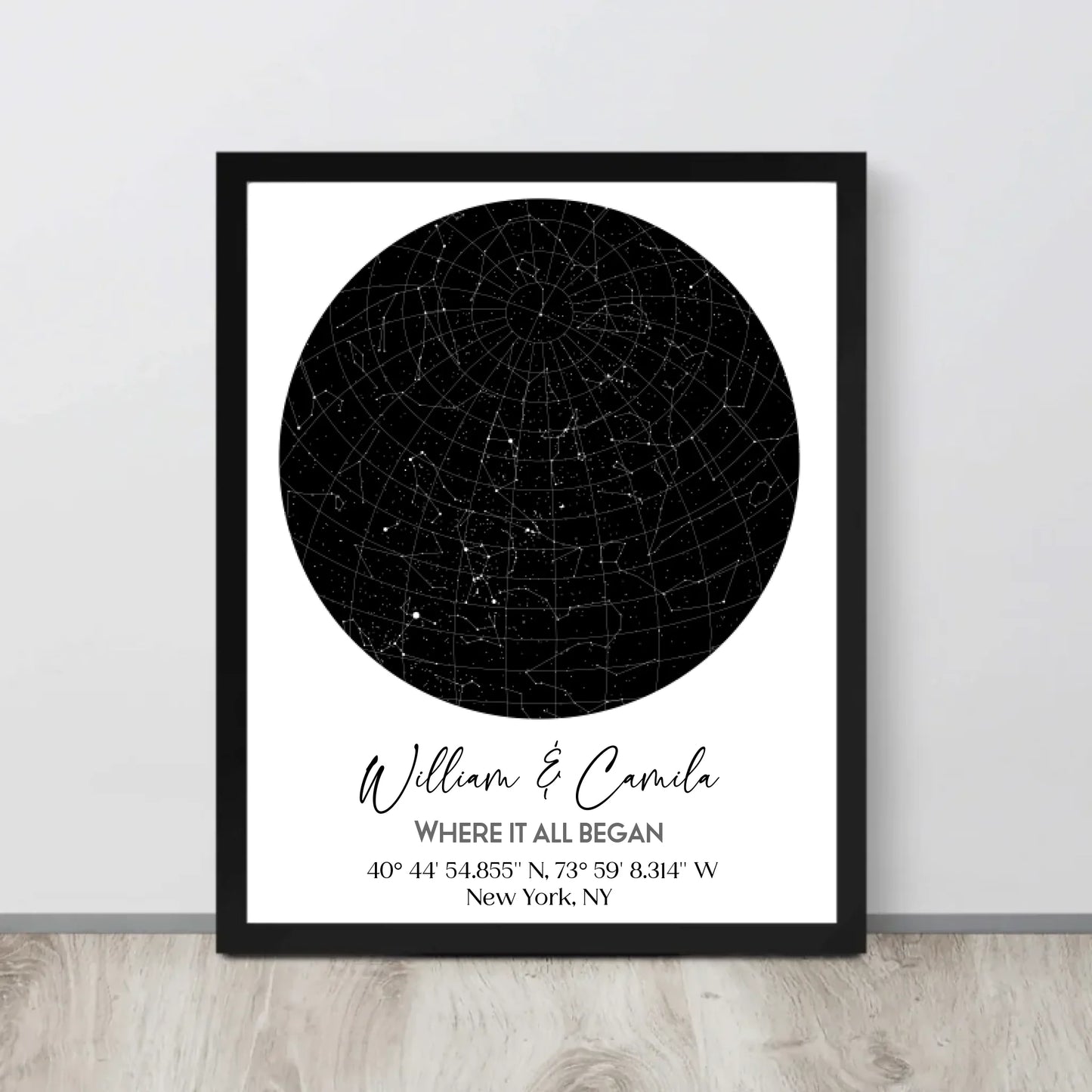 Black 11x14 inch framed custom star map featuring a black circular night sky with constellations, personalized with the names 'William & Camila,' coordinates, and the message 'Where It All Began'