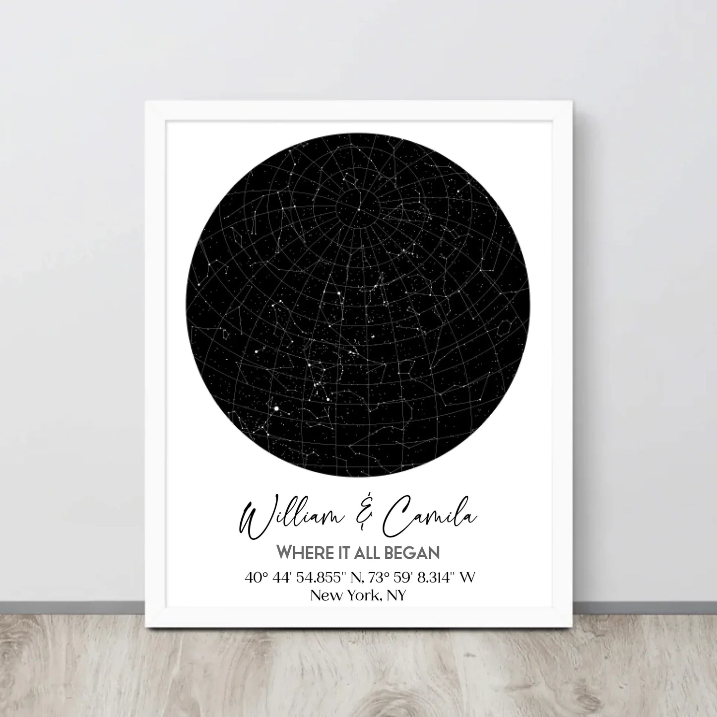 White 11x14 inch framed custom star map featuring a black circular night sky with constellations, personalized with the names 'William & Camila,' coordinates, and the message 'Where It All Began'