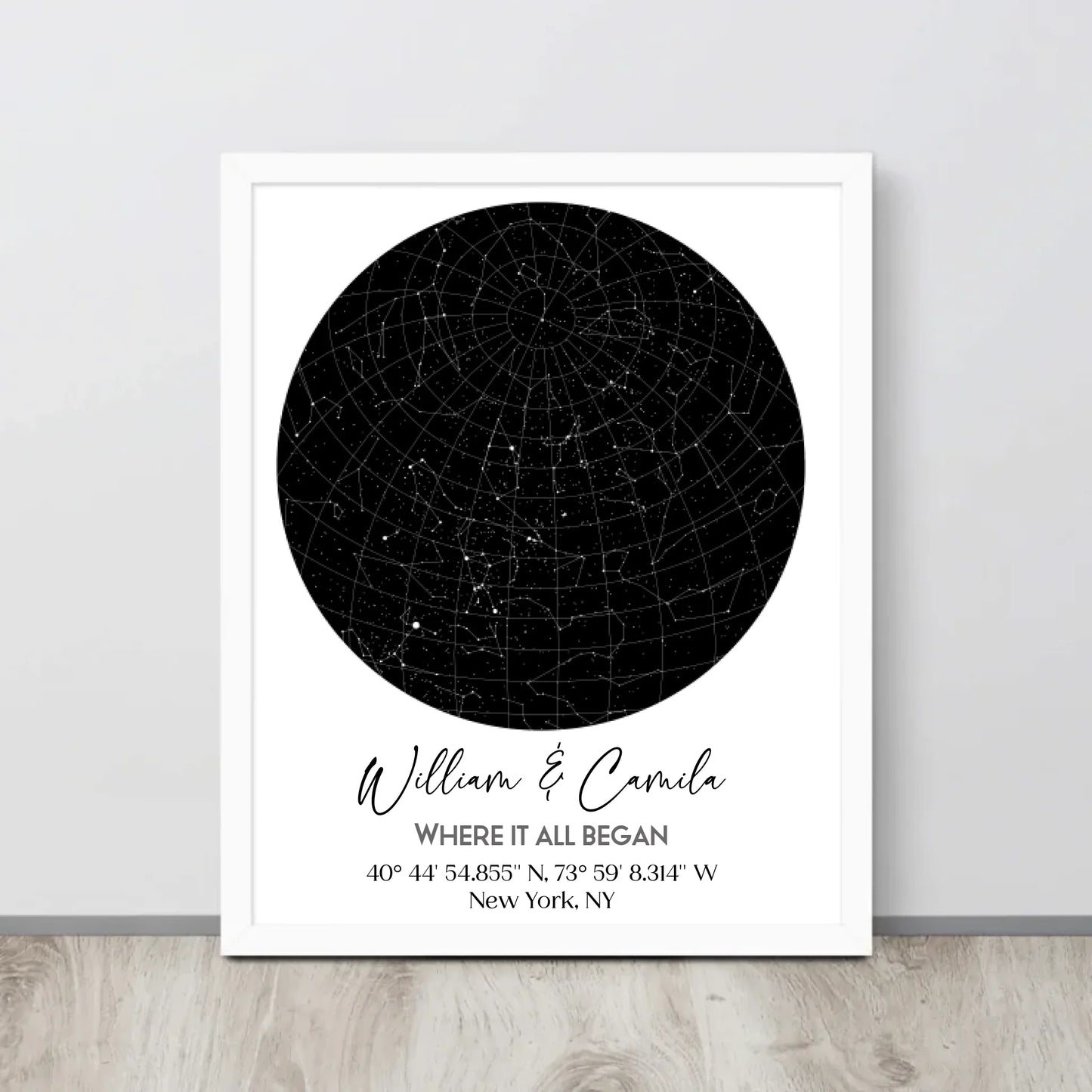 White 16x20 inch framed custom star map featuring a black circular night sky with constellations, personalized with the names 'William & Camila,' coordinates, and the message 'Where It All Began'