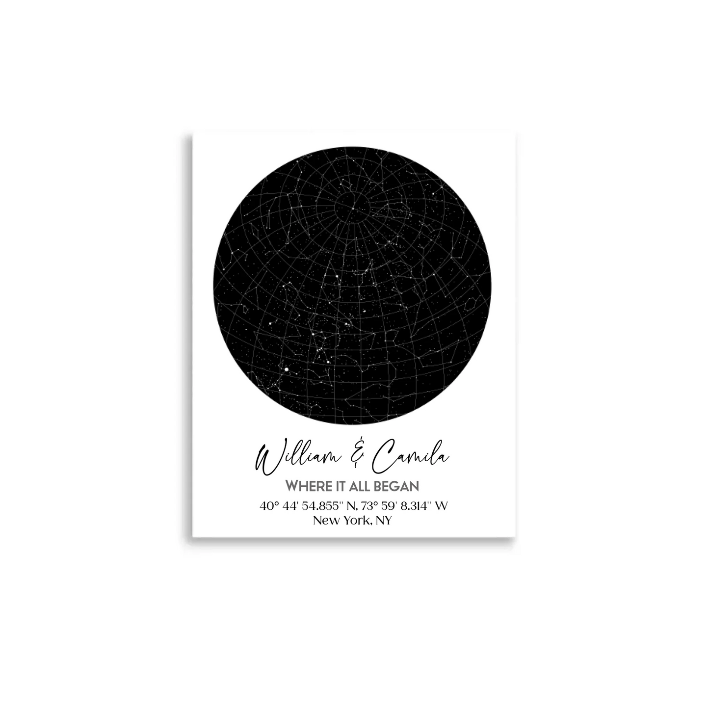 11x14 inch poster of a custom star map featuring a circular night sky with constellations, personalized with the names 'William & Camila,' coordinates, and the message 'Where It All Began'
