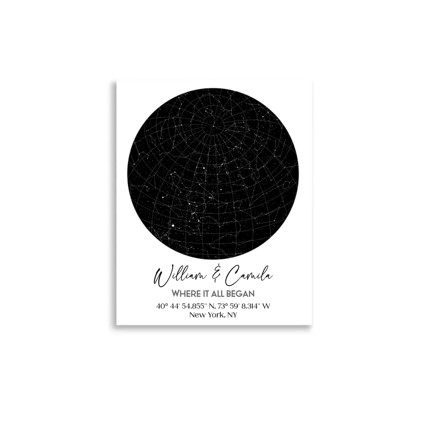 16x20 inch poster of custom star map featuring a circular night sky with constellations, personalized with the names 'William & Camila,' coordinates, and the message 'Where It All Began'