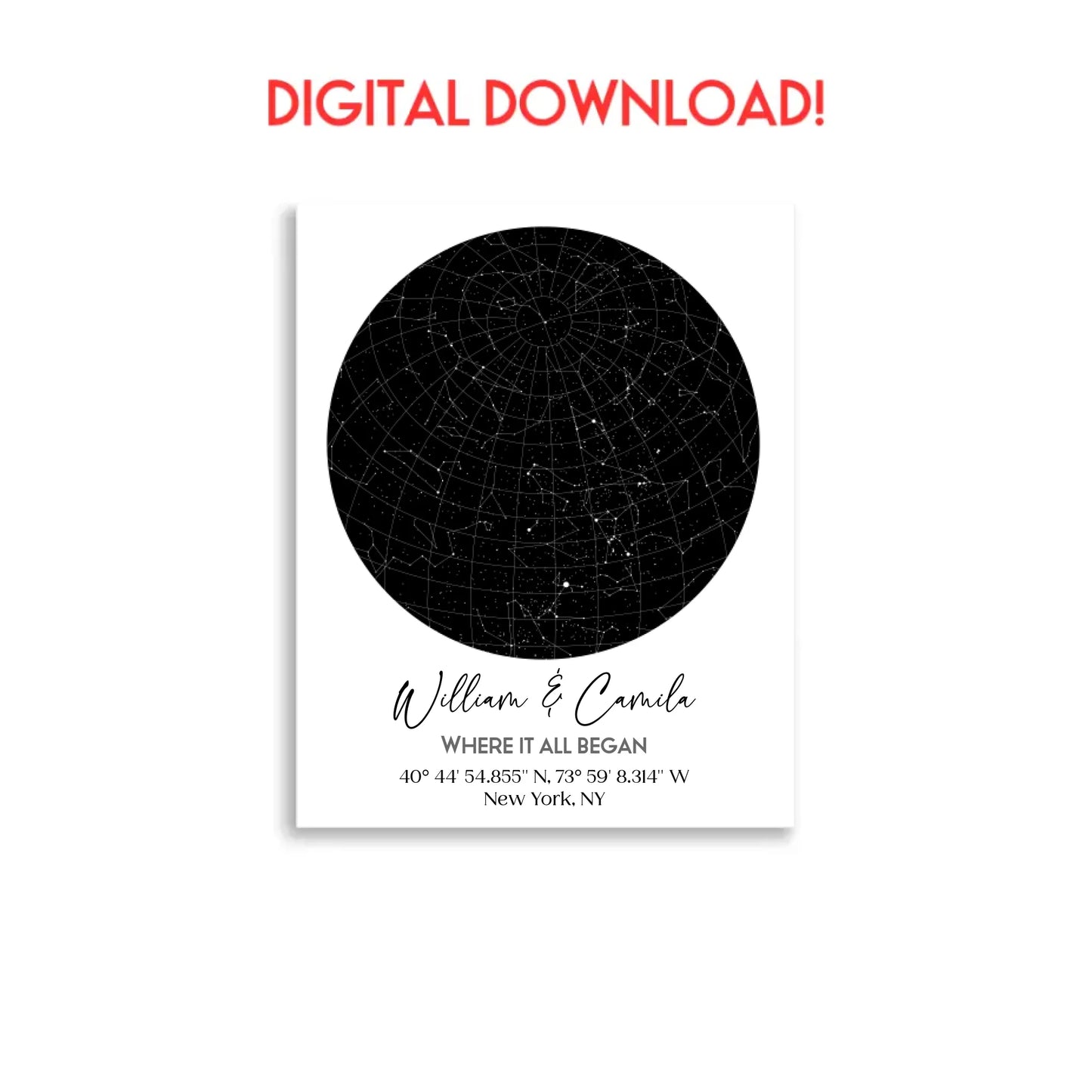 16x20 inch digital download of a custom star map featuring a circular night sky with constellations, personalized with the names 'William & Camila,' coordinates, and the message 'Where It All Began'