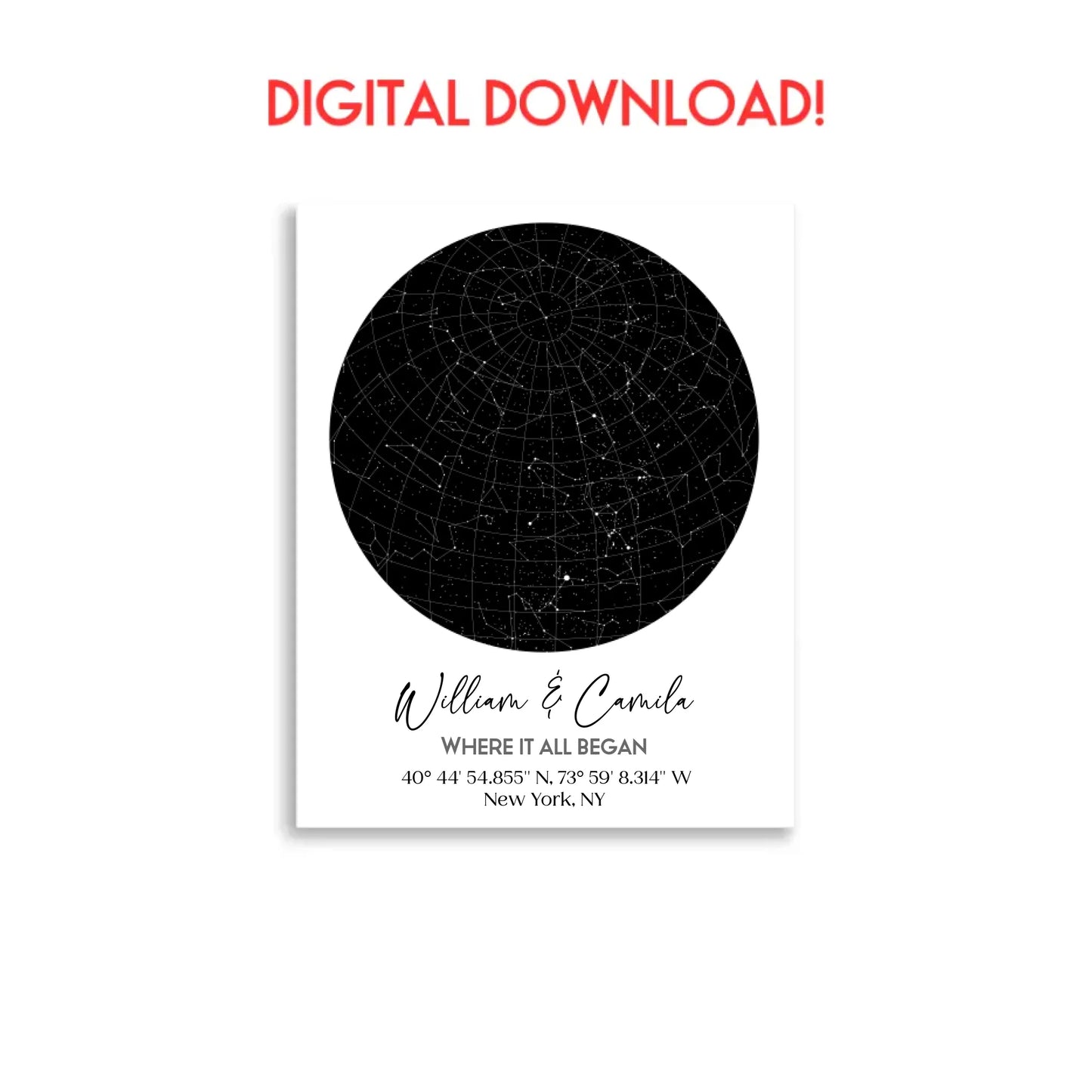 11x14 inch digital download of a custom star map featuring a circular night sky with constellations, personalized with the names 'William & Camila,' coordinates, and the message 'Where It All Began'