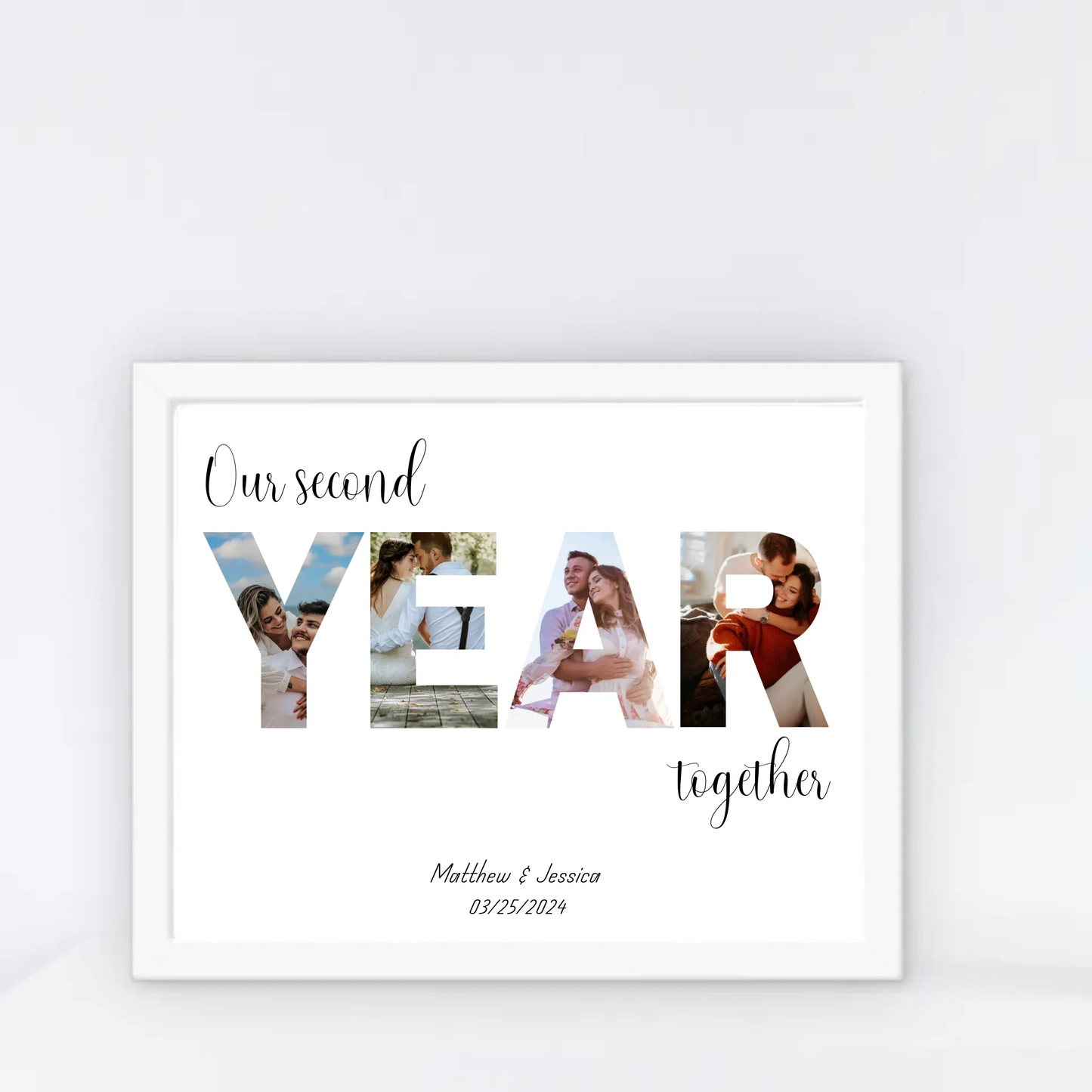 Anniversary photo collage in a white 20x16 inch frame featuring the word 'YEAR' filled with couple's photos and personalized text: 'Our second year together,' with names and date below.