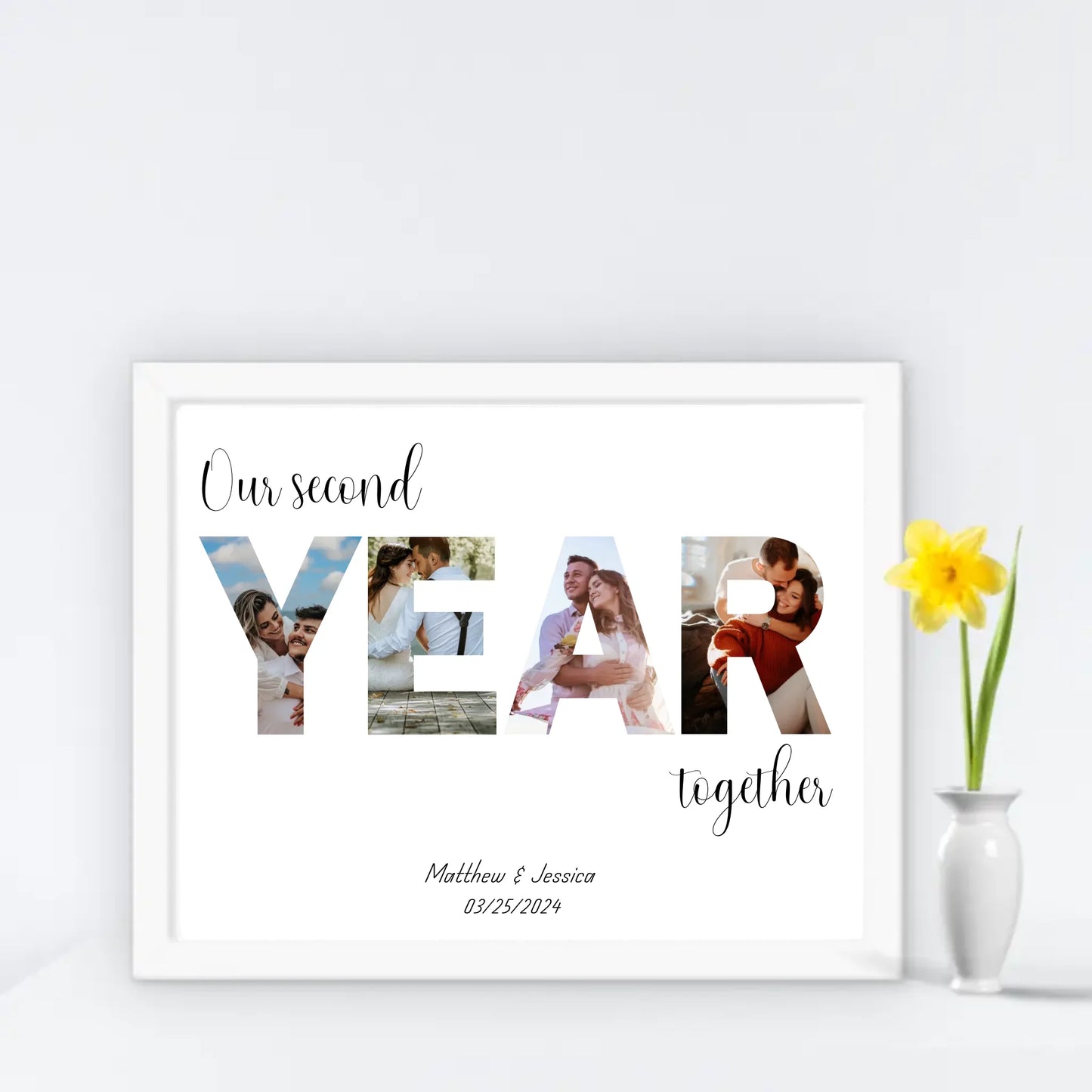 Anniversary photo collage in a white 14x11 inch frame featuring the word 'YEAR' filled with couple's photos and personalized text: 'Our second year together,' with names and date below.