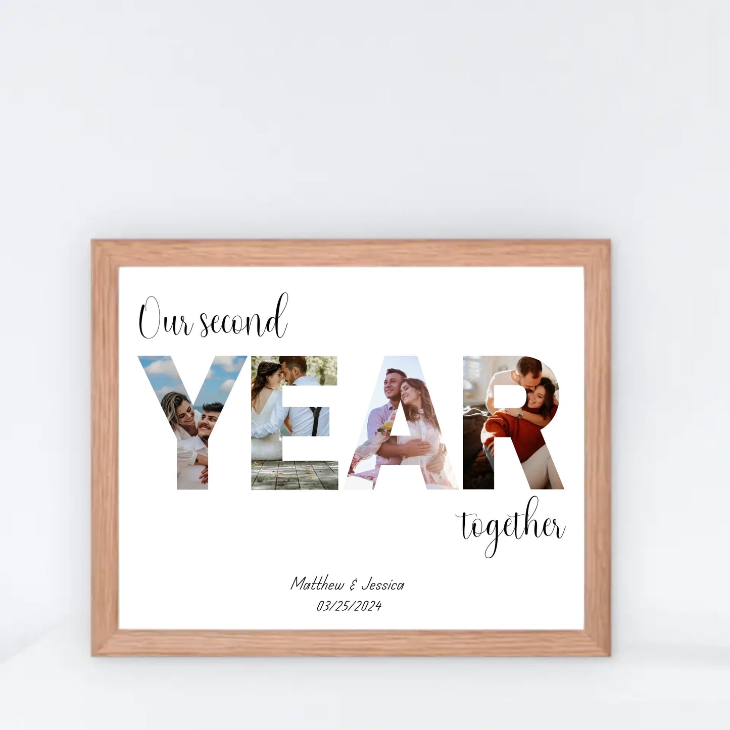 Anniversary photo collage in a red oak 14x11 inch frame featuring the word 'YEAR' filled with couple's photos and personalized text: 'Our second year together,' with names and date below.