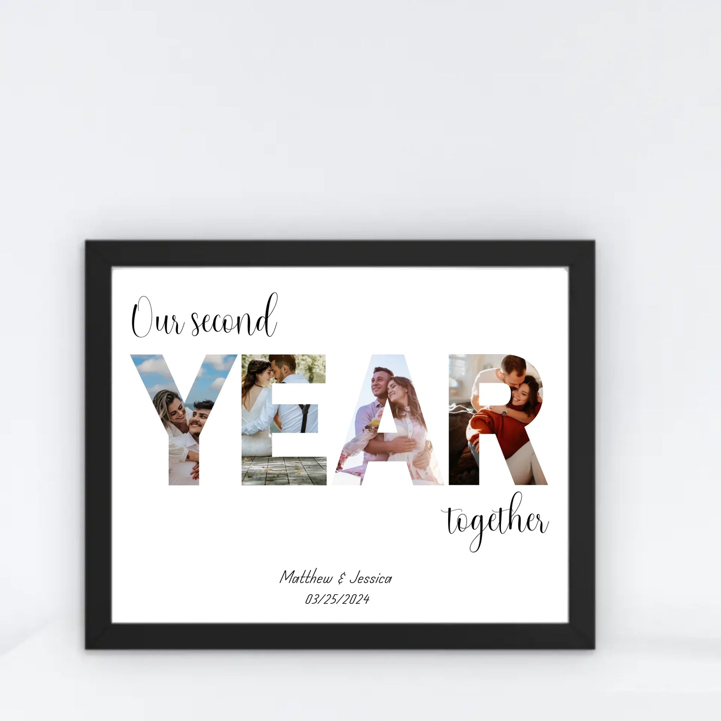 Anniversary photo collage in a black 14x11 inch frame featuring the word 'YEAR' filled with couple's photos and personalized text: 'Our second year together,' with names and date below.