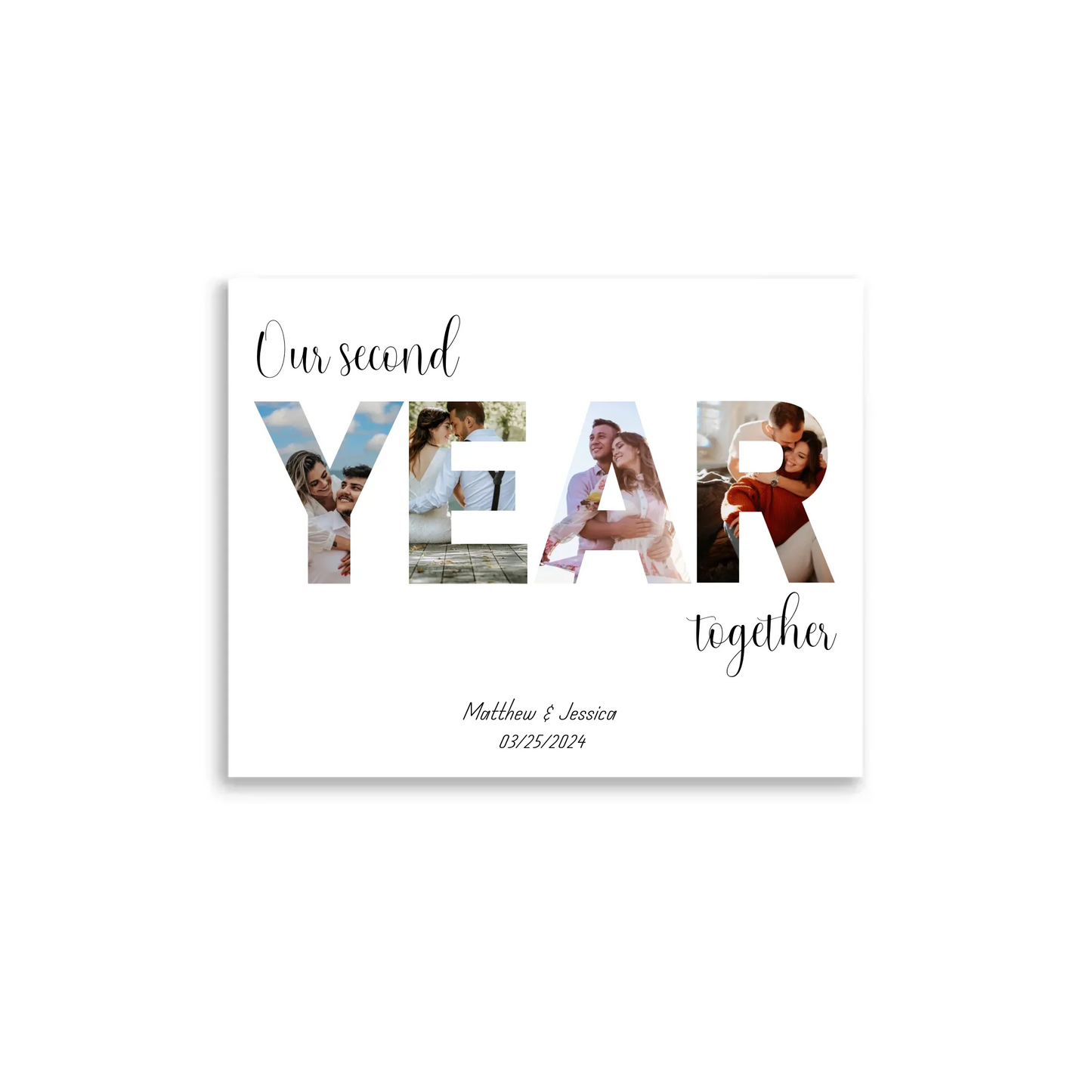 Anniversary photo collage poster of 14x11 inch featuring the word 'YEAR' filled with couple's photos and personalized text: 'Our second year together,' with names and date below.