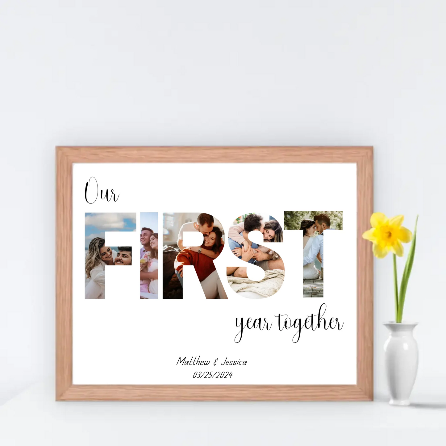 The photo collage in a red oak 20x16 inch frame features the word ‘FIRST’ filled with the couple's photos and personalized text: ‘Our first year together,' with names and date below is ideal for 1 year anniversary gift.