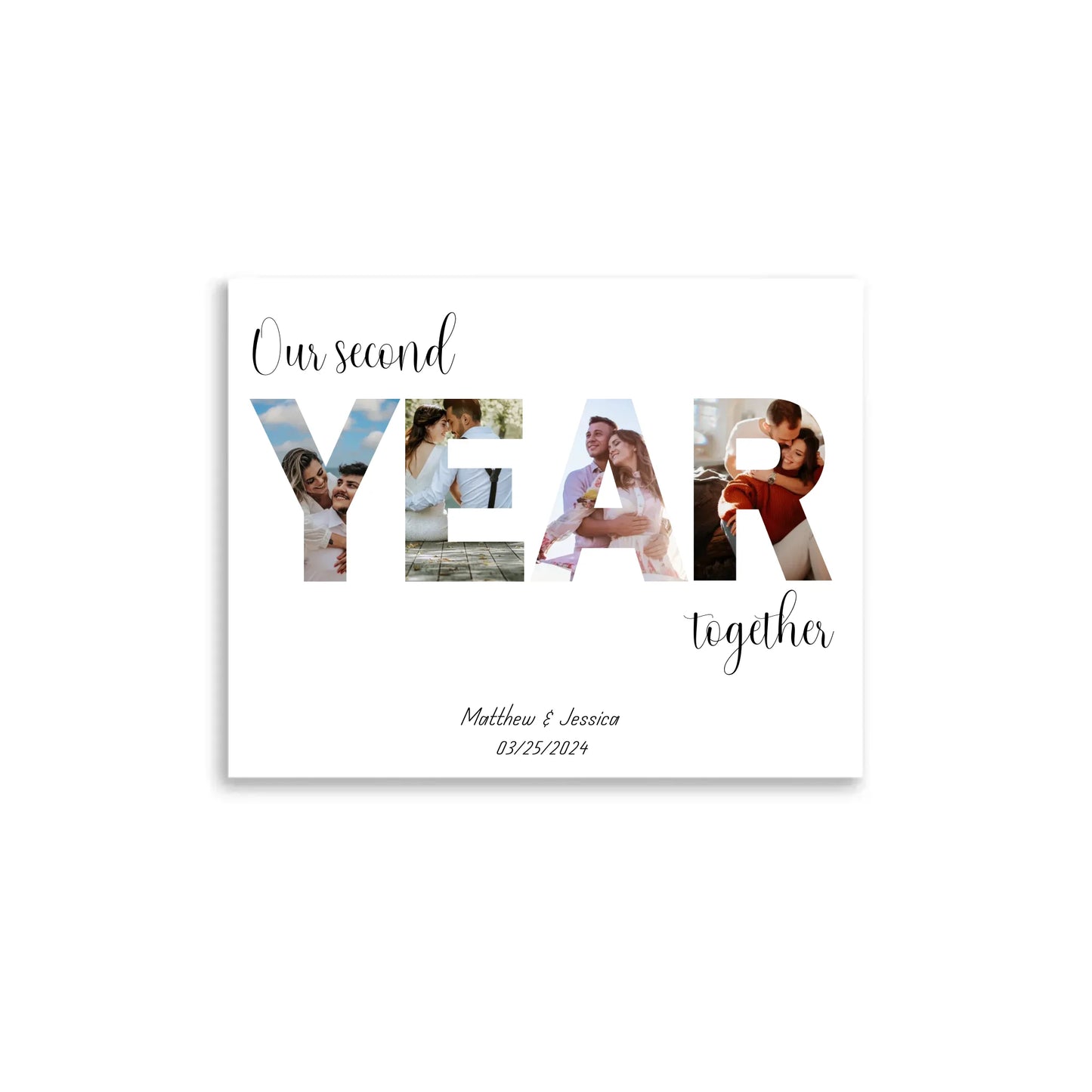 Anniversary photo collage poster of 20x16 inch featuring the word 'YEAR' filled with couple's photos and personalized text: 'Our second year together,' with names and date below.