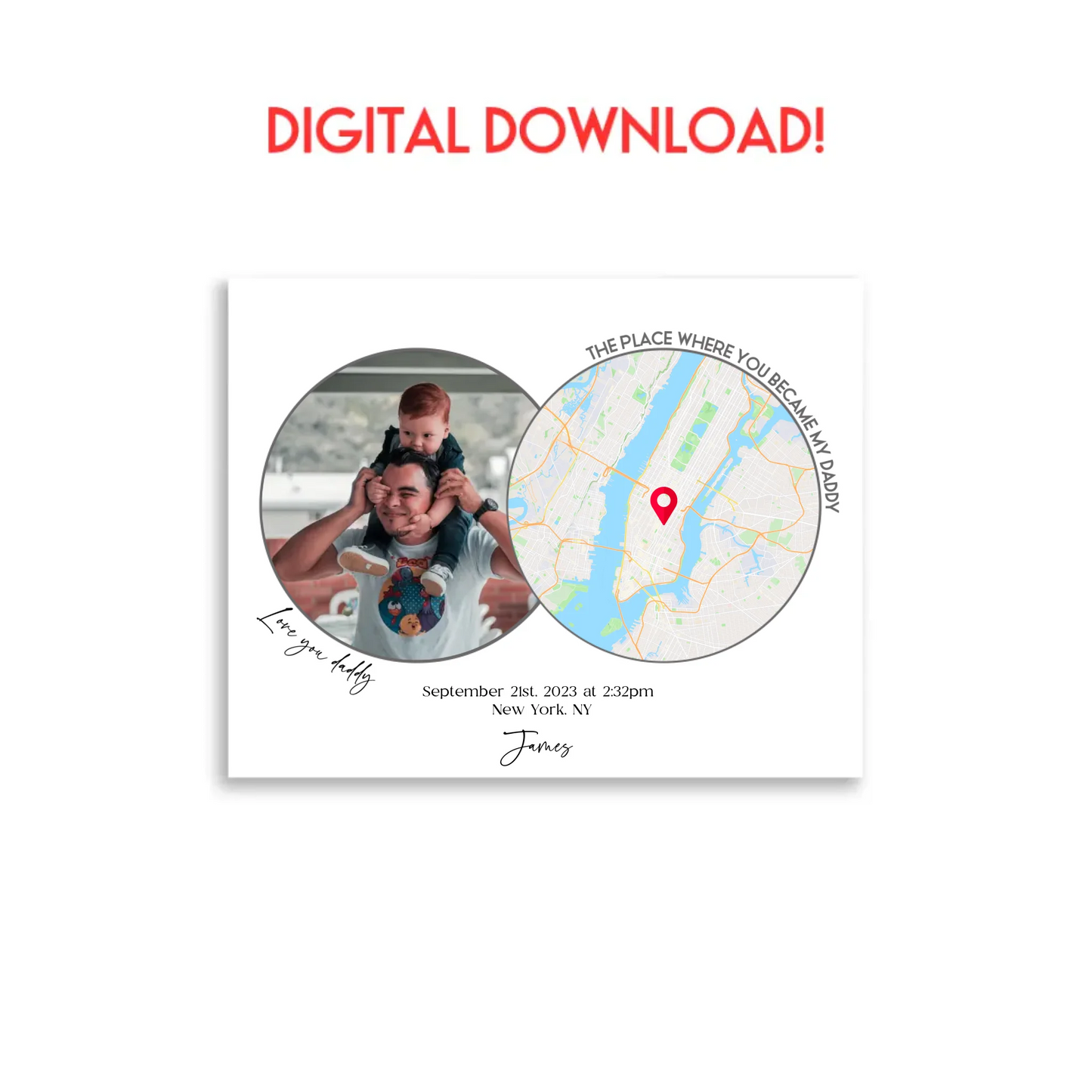 A digital download of a 14x11 inch poster featuring a photo with a city map, titled "The Place Where You Became My Dad"—a thoughtful choice for a First Father's Day gift.