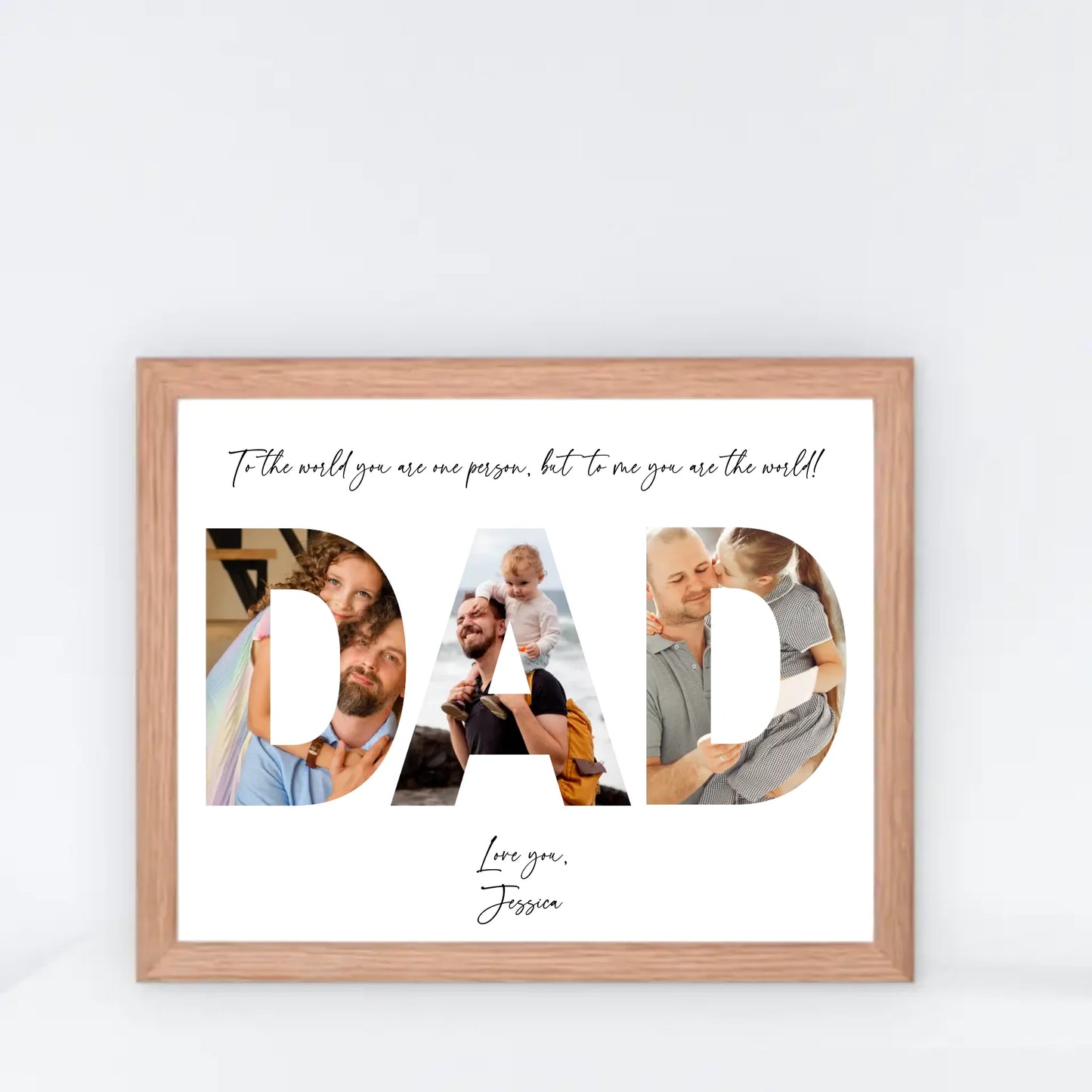 The dad photo collage in a red oak 20x16 inch frame features the word ‘DAD’ filled with photos of dad and kid with personalized text.