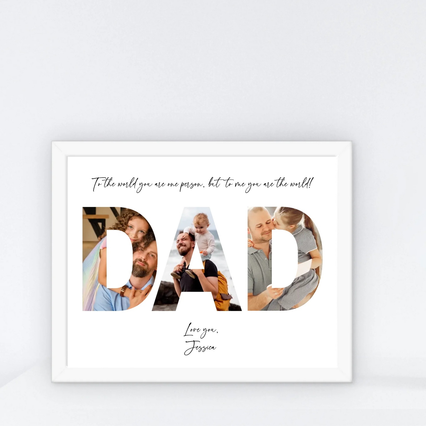 The dad photo collage in a white 14x11 inch frame features the word ‘DAD’ filled with photos of dad and kid with personalized text.