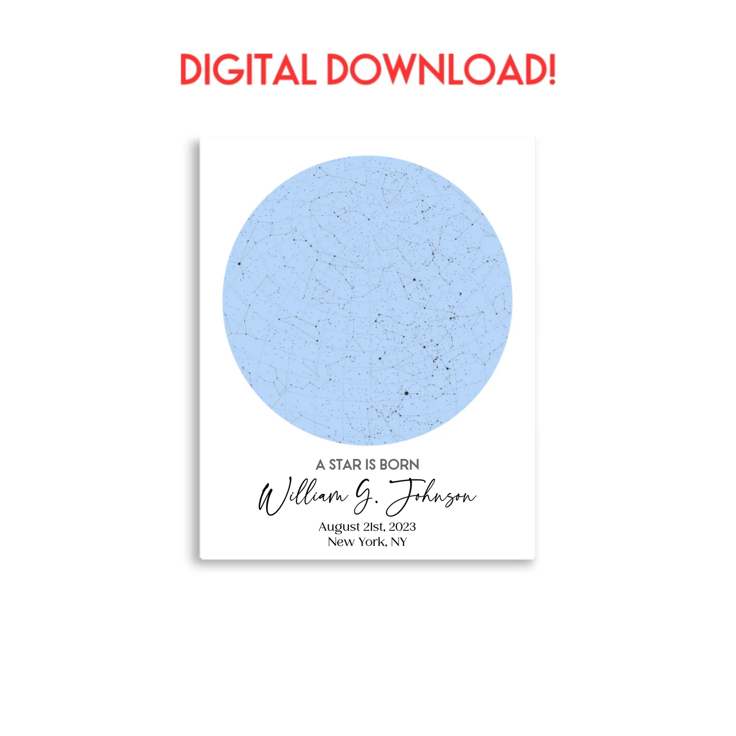 Digital download of 11x14 inch personalized star map print featuring the night sky on August 21st, 2023, the birthdate of William G. Johnson in New York, NY, a unique and meaningful 1-year-old birthday gift.