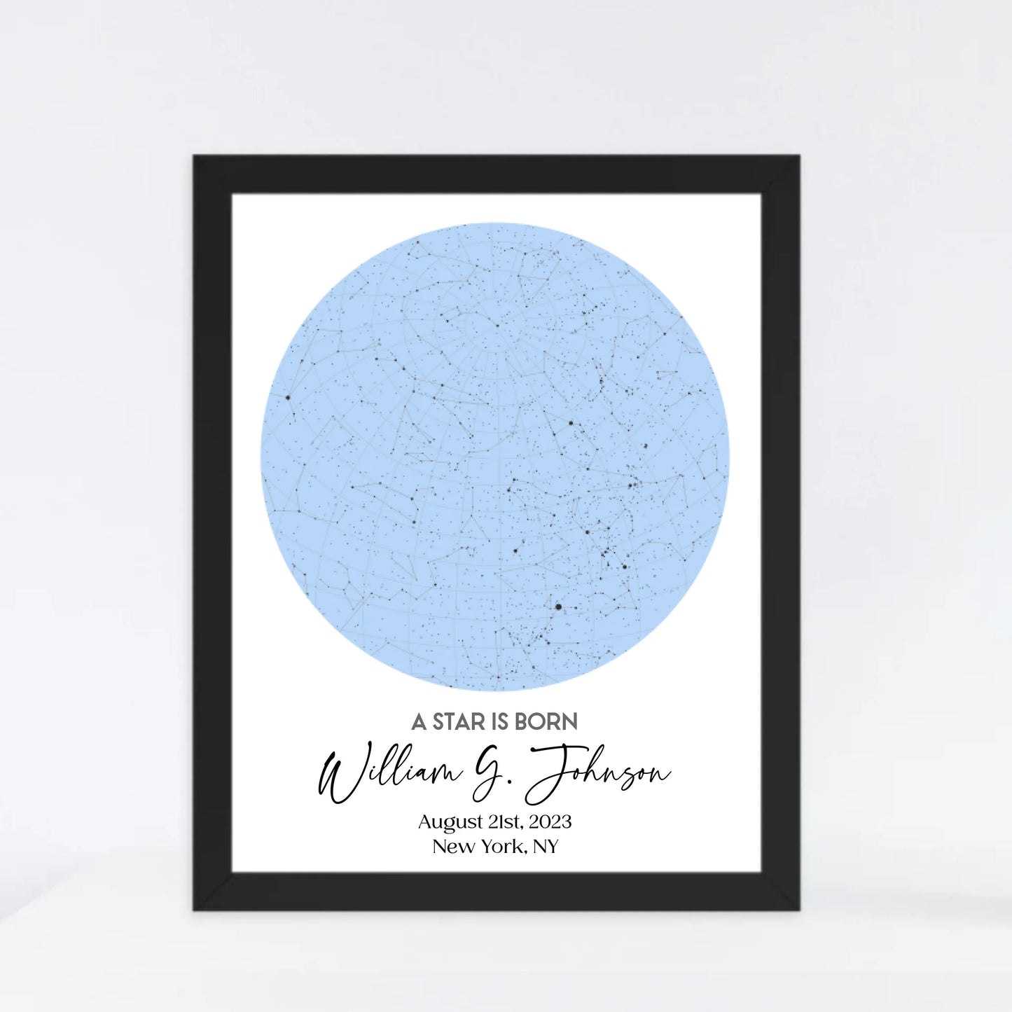 Black framed 11x14 inch print of personalized star map featuring the night sky on August 21st, 2023, the birthdate of William G. Johnson in New York, NY, a unique and meaningful 1-year-old birthday gift.