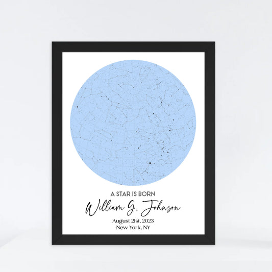 Black framed 11x14 inch print of personalized star map featuring the night sky on August 21st, 2023, the birthdate of William G. Johnson in New York, NY, a unique and meaningful 1-year-old birthday gift.