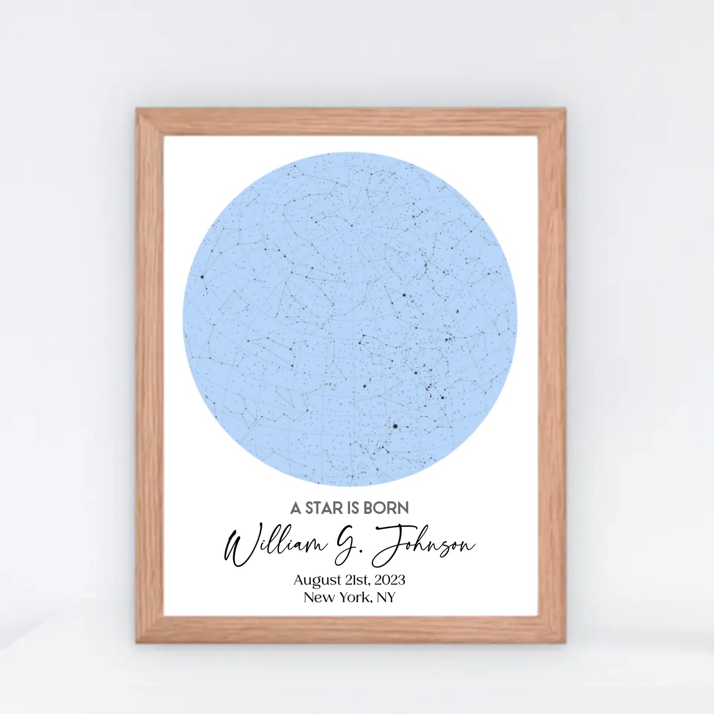 Red oak framed 11x14 inch print of personalized star map featuring the night sky on August 21st, 2023, the birthdate of William G. Johnson in New York, NY, a unique and meaningful 1-year-old birthday gift.