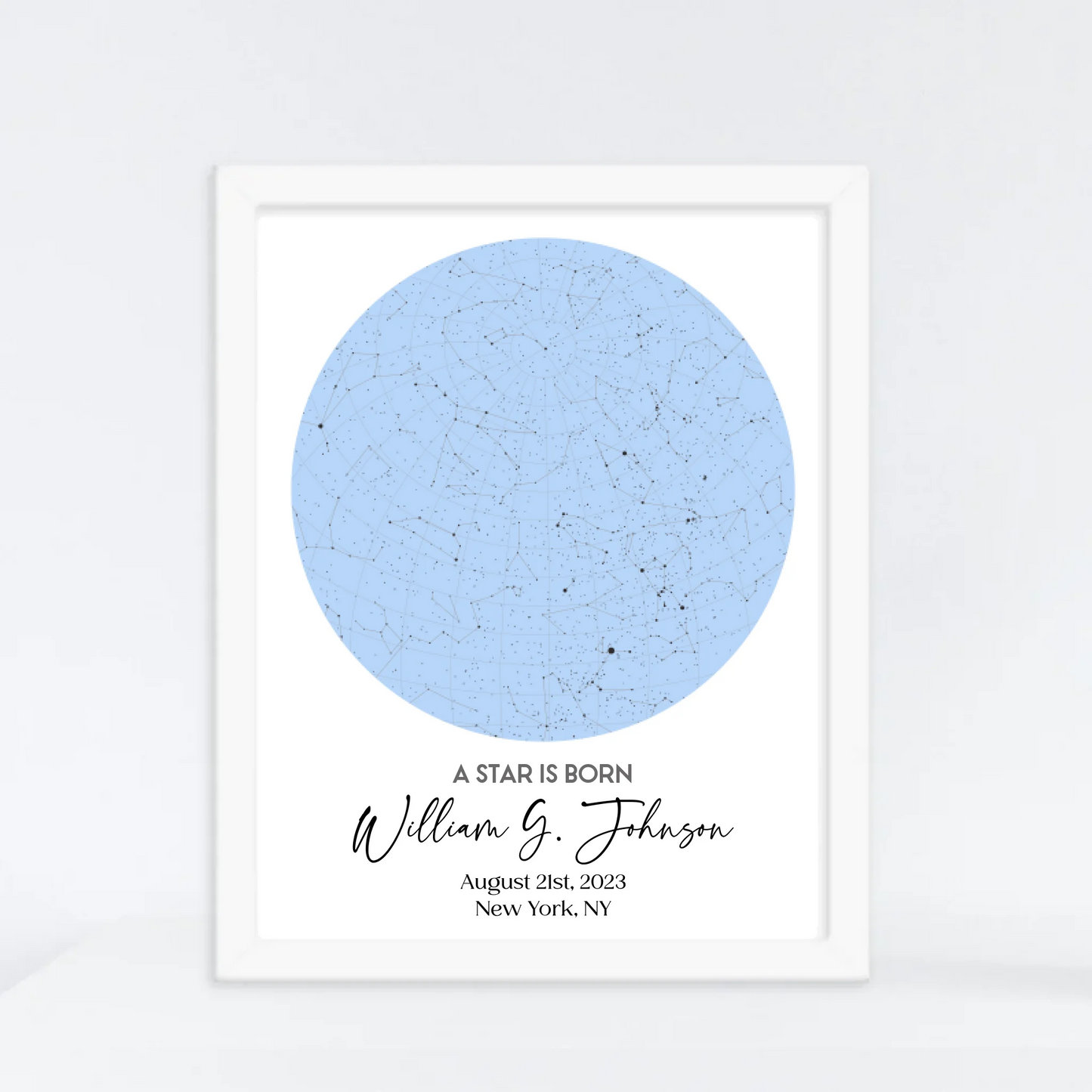 White framed 11x14 inch print of personalized star map featuring the night sky on August 21st, 2023, the birthdate of William G. Johnson in New York, NY, a unique and meaningful 1-year-old birthday gift.