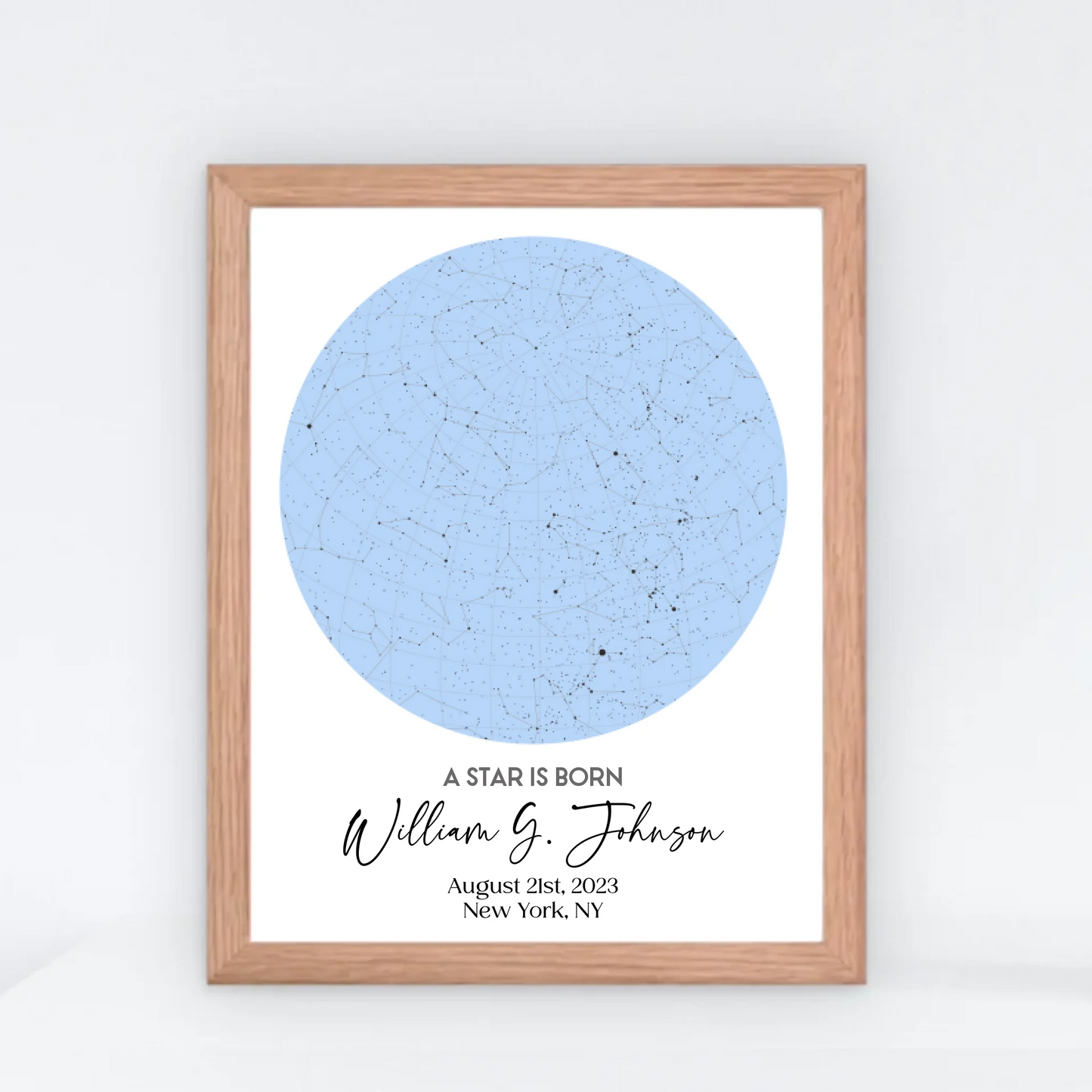 Red oak framed 16x20 inch print of personalized star map featuring the night sky on August 21st, 2023, the birthdate of William G. Johnson in New York, NY, a unique and meaningful 1-year-old birthday gift.