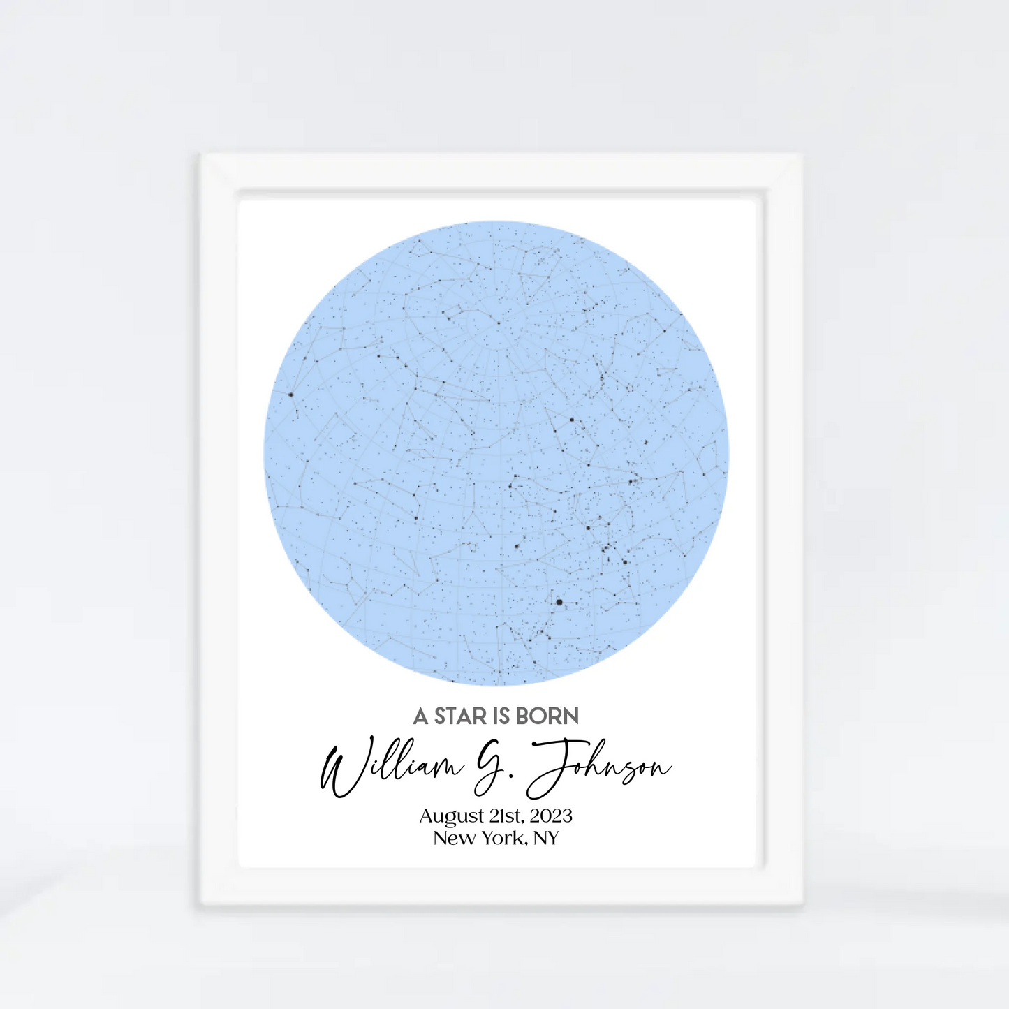 White framed 16x20 inch print of personalized star map featuring the night sky on August 21st, 2023, the birthdate of William G. Johnson in New York, NY, a unique and meaningful 1-year-old birthday gift.