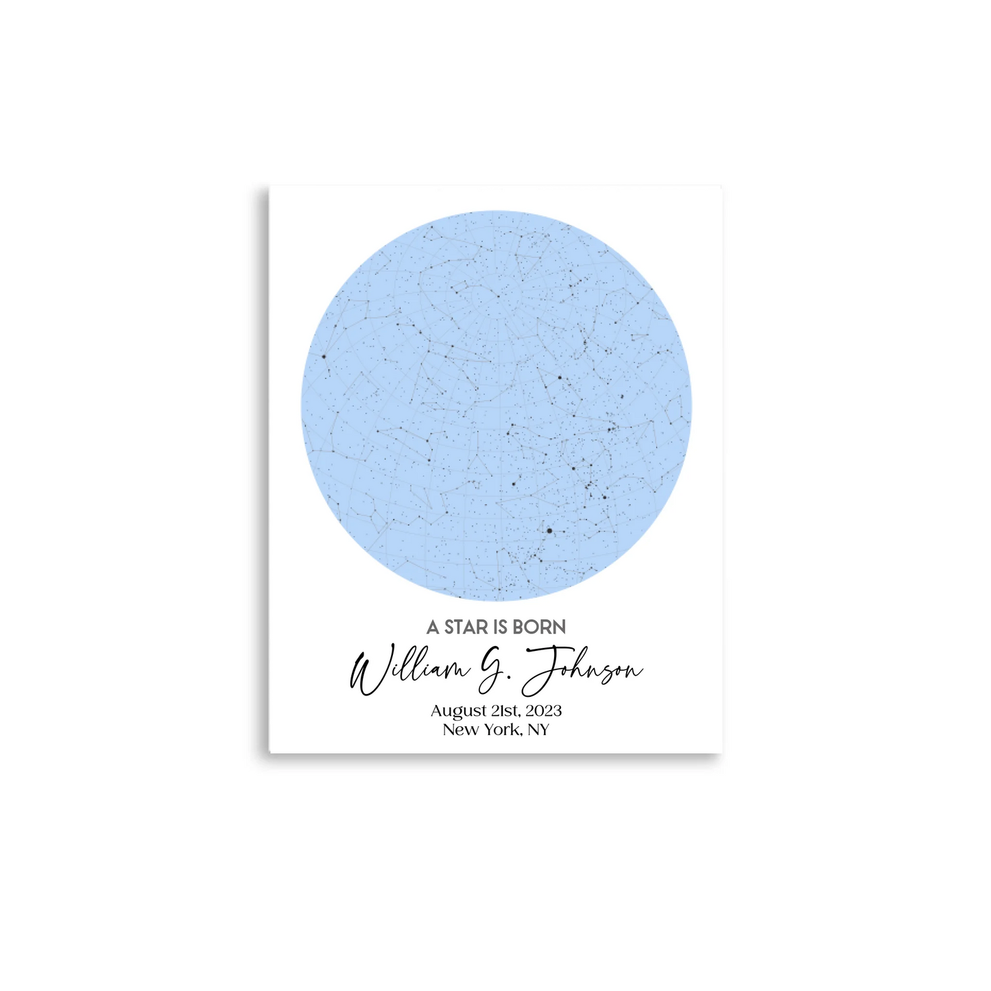 16x20 inch personalized star map poster featuring the night sky on August 21st, 2023, the birthdate of William G. Johnson in New York, NY, a unique and meaningful 1-year-old birthday gift.