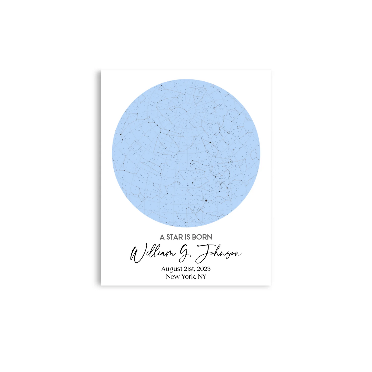11x14 inch personalized star map poster featuring the night sky on August 21st, 2023, the birthdate of William G. Johnson in New York, NY, a unique and meaningful 1-year-old birthday gift.