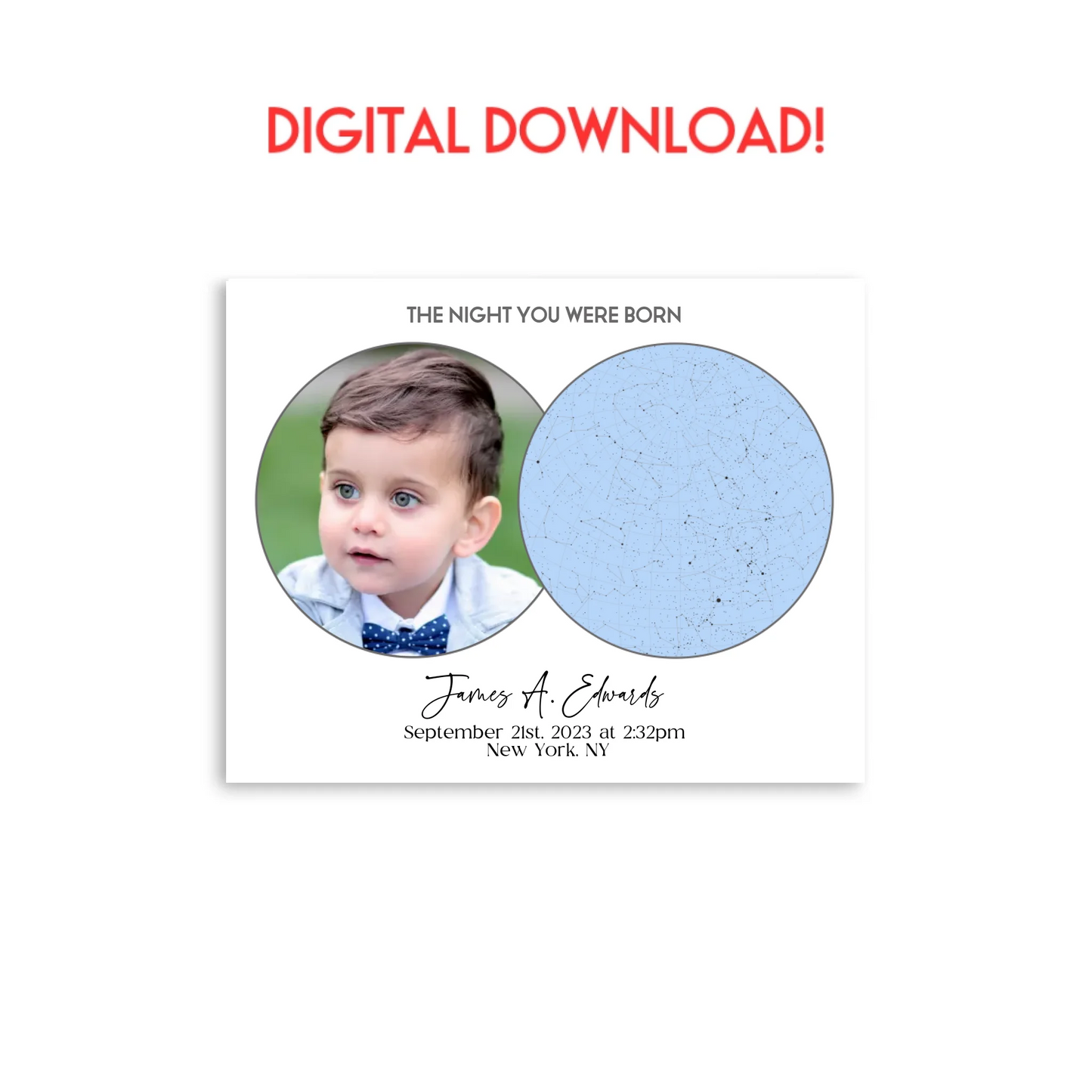 Digital download of personalized star map 14x11-inch poster of the night you were born