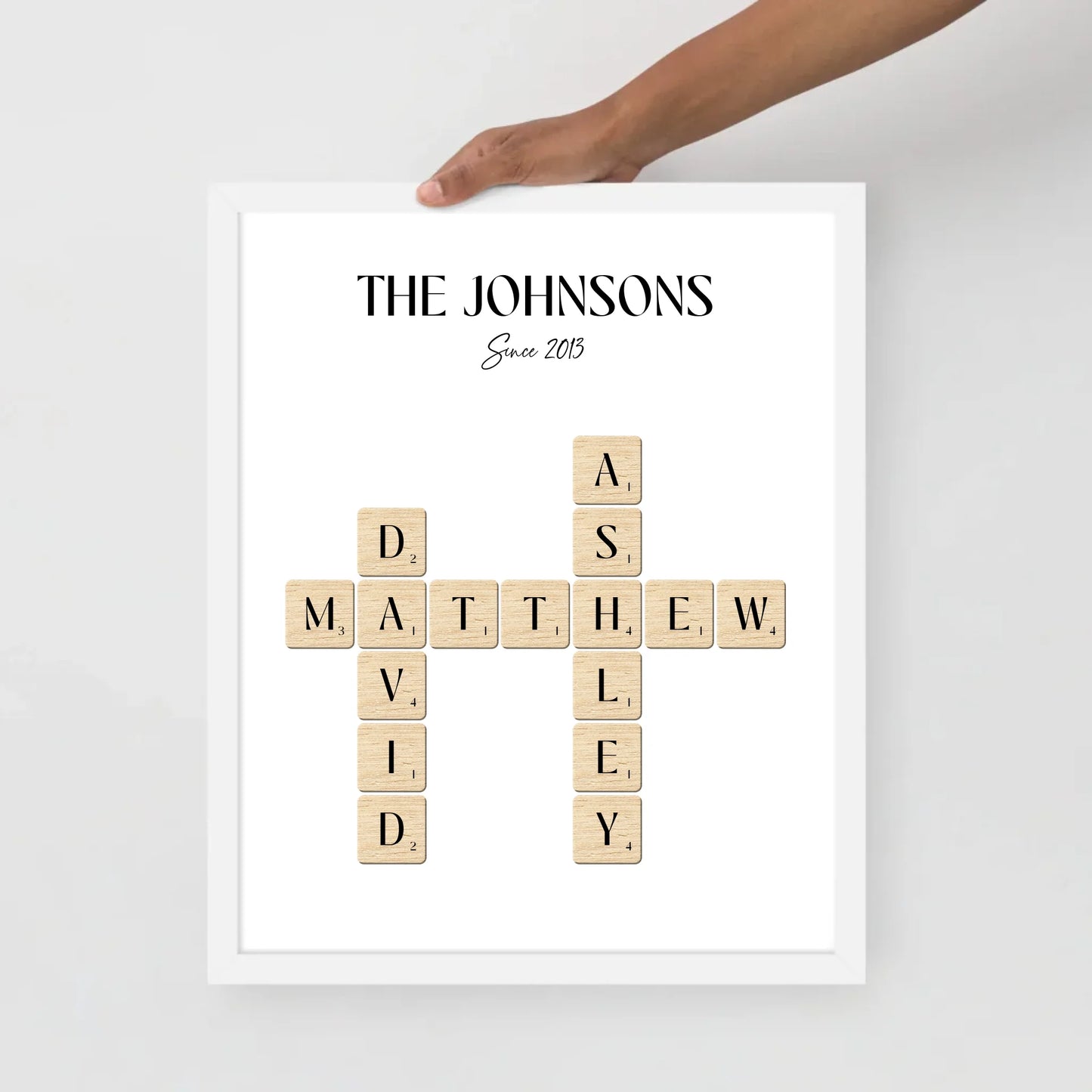 11x14 inch White Framed Poster of Personalized Family Name Sign with Scrabble Tiles