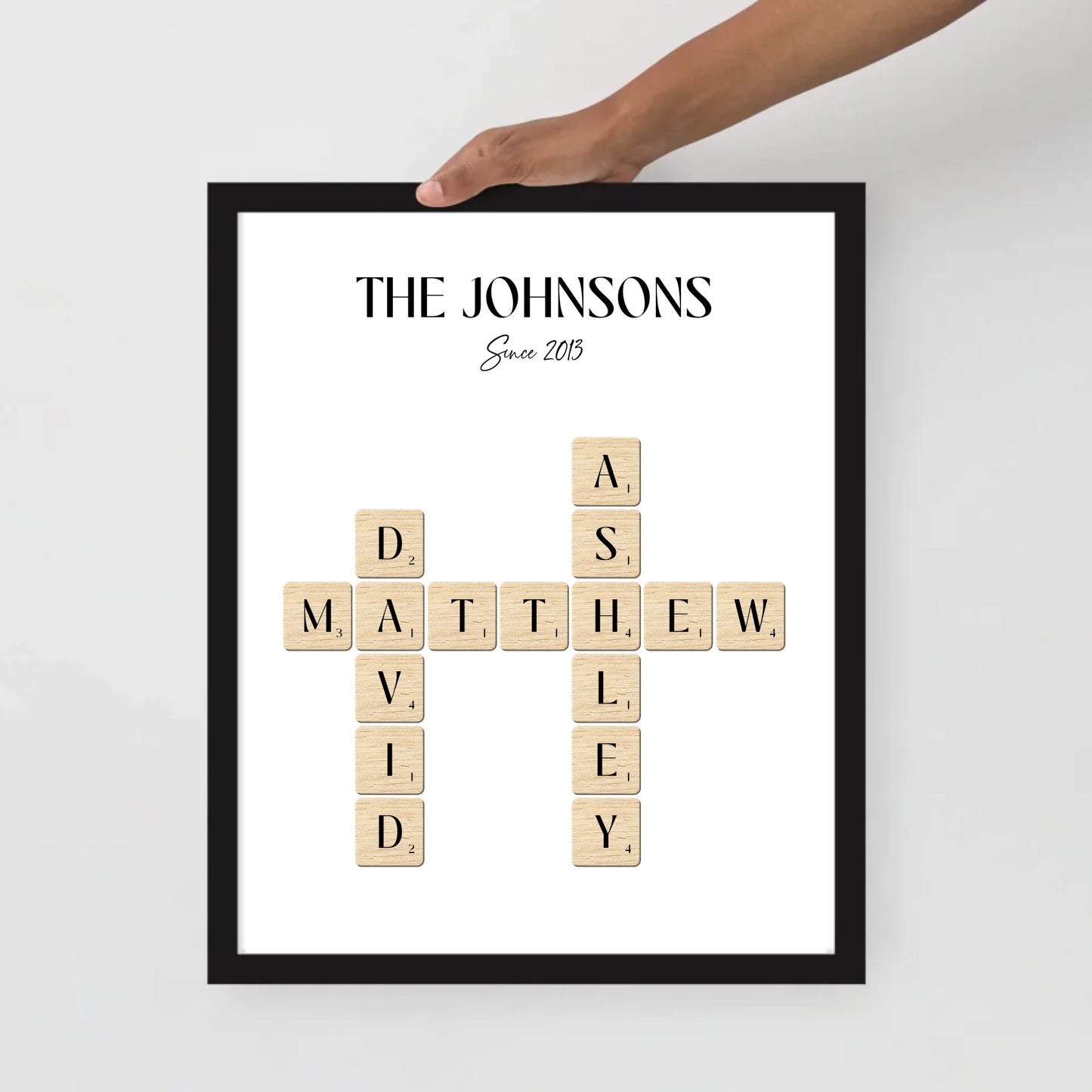 11x14 inch black Framed Poster of Personalized Family Name Sign with Scrabble Tiles