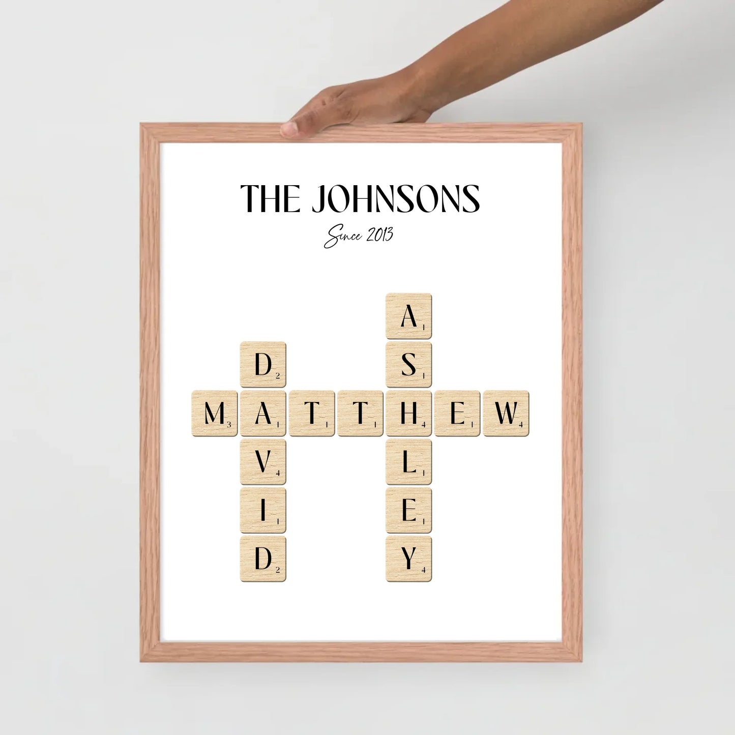 11x14 inch red oak Framed Poster of Personalized Family Name Sign with Scrabble Tiles
