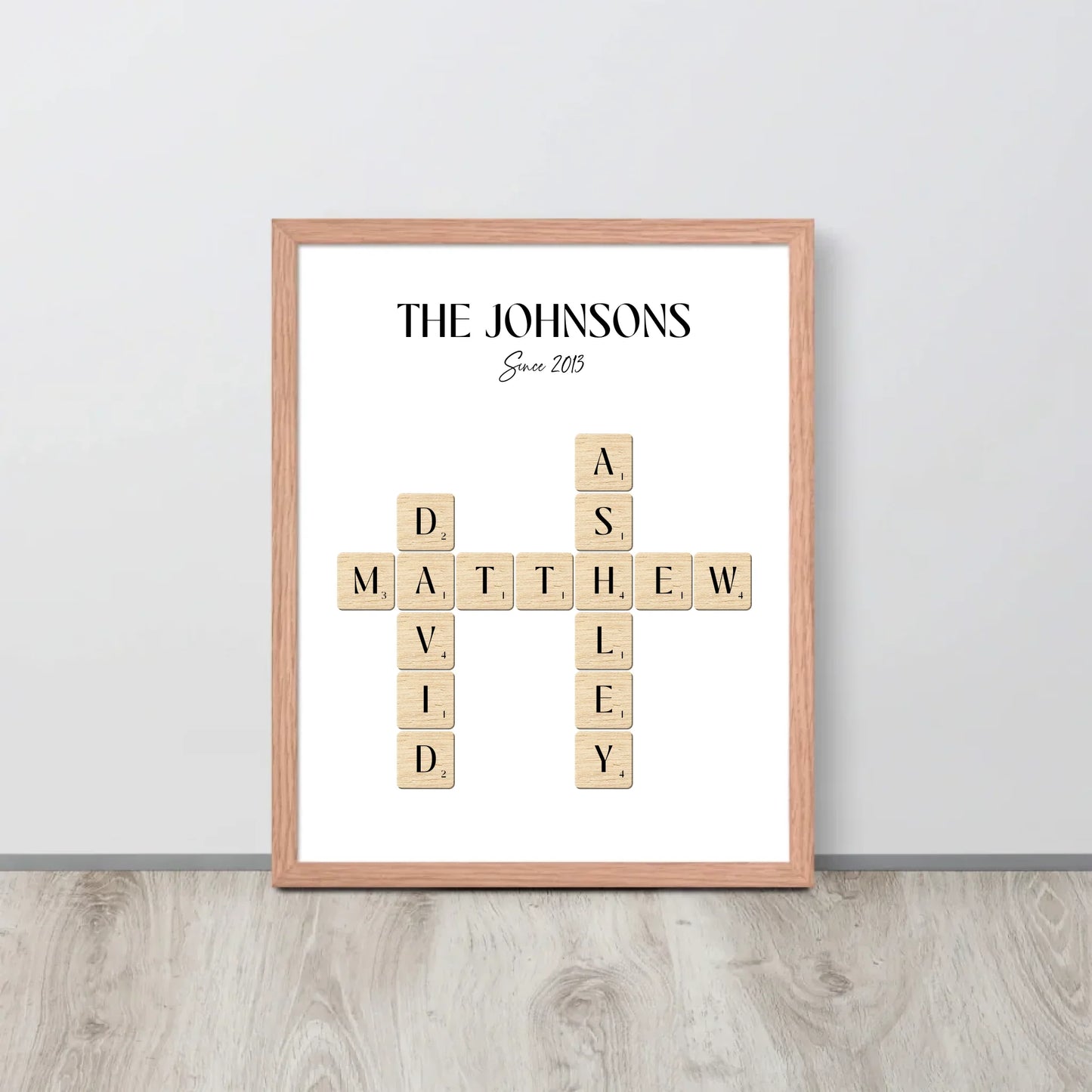 16x20 inch red oak Framed Poster of Personalized Family Name Sign with Scrabble Tiles