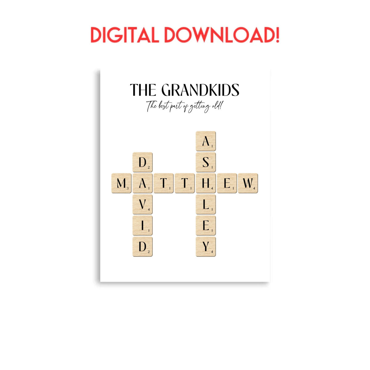 Digital download of 16x20 inch Poster of Grandkids' Names with Scrabble Tiles