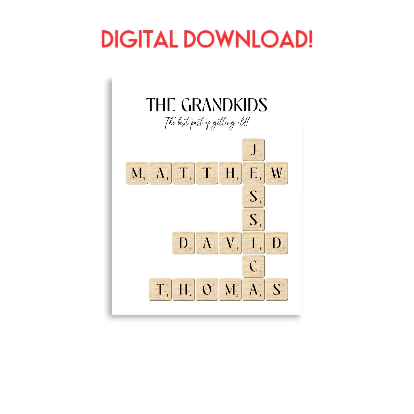 Digital download of 11x14inch Poster of Grandkids' Names with Scrabble Tiles