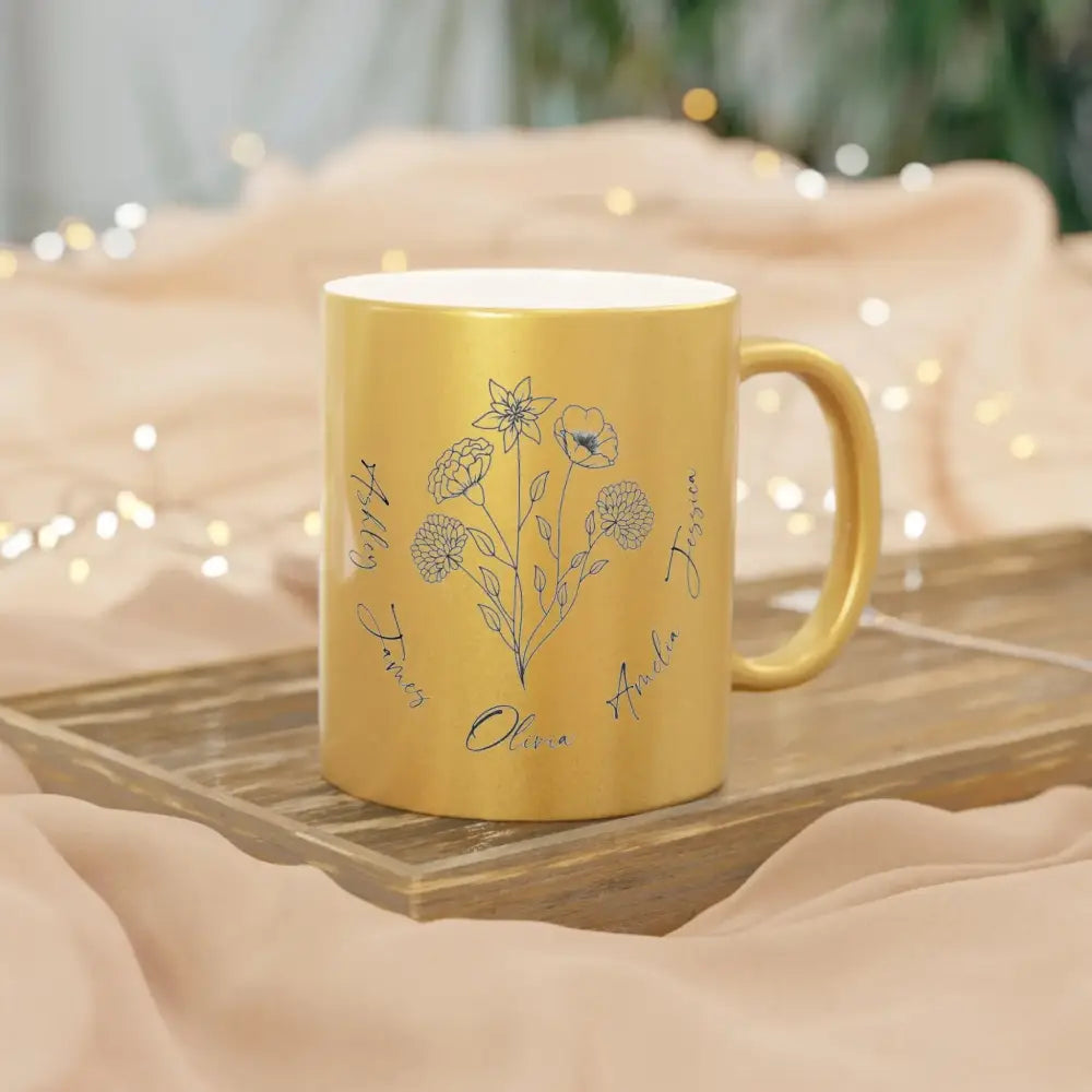 The right-side view of an 11oz gold mug featuring a minimalist birth flower design surrounded by names is perfect as a personalized Mother's Day gift.