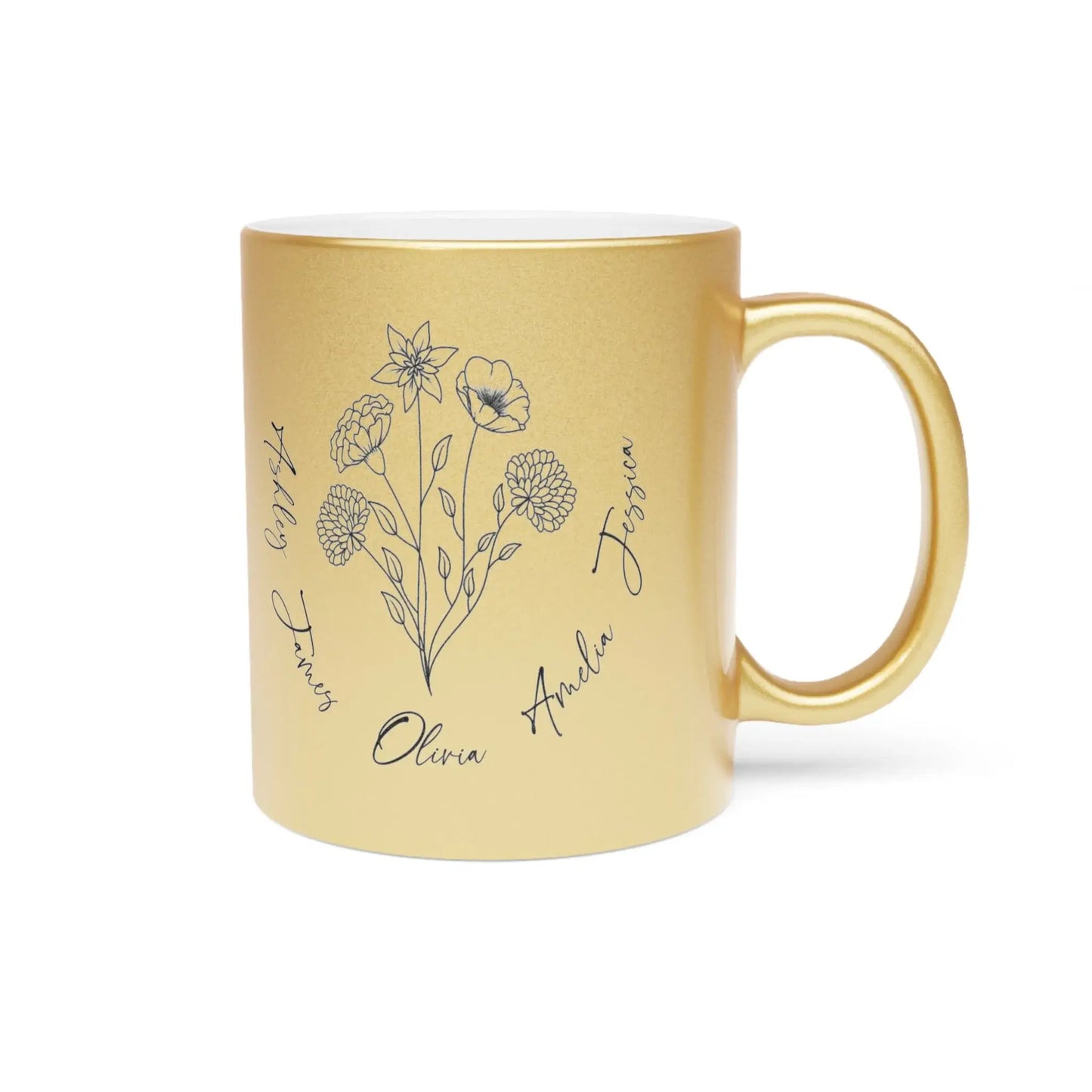 The right-side view of a gold mug featuring a minimalist birth flower design surrounded by names is perfect as a personalized Mother's Day gift.