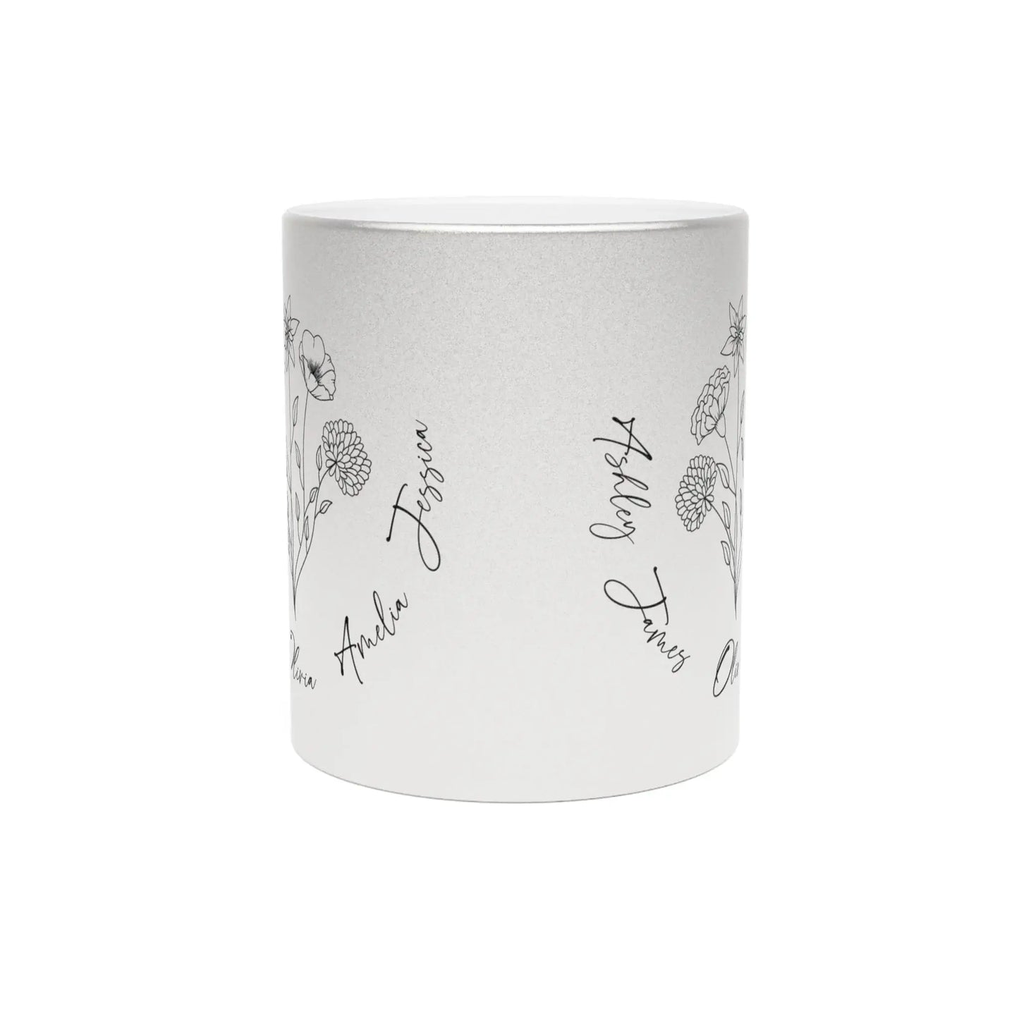 The front-side view of a silver mug featuring a minimalist birth flower design surrounded by names is perfect as a personalized Mother's Day gift.