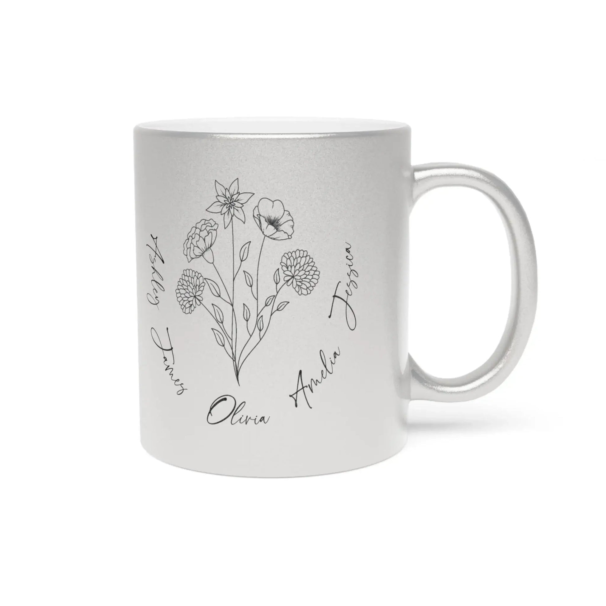 The right-side view of a silver mug featuring a minimalist birth flower design surrounded by names is perfect as a personalized Mother's Day gift.