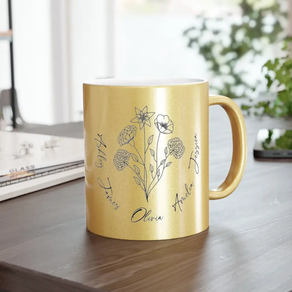 The right-side view of a gold mug placed on the table featuring a minimalist birth flower design surrounded by names is perfect as a personalized Mother's Day gift.