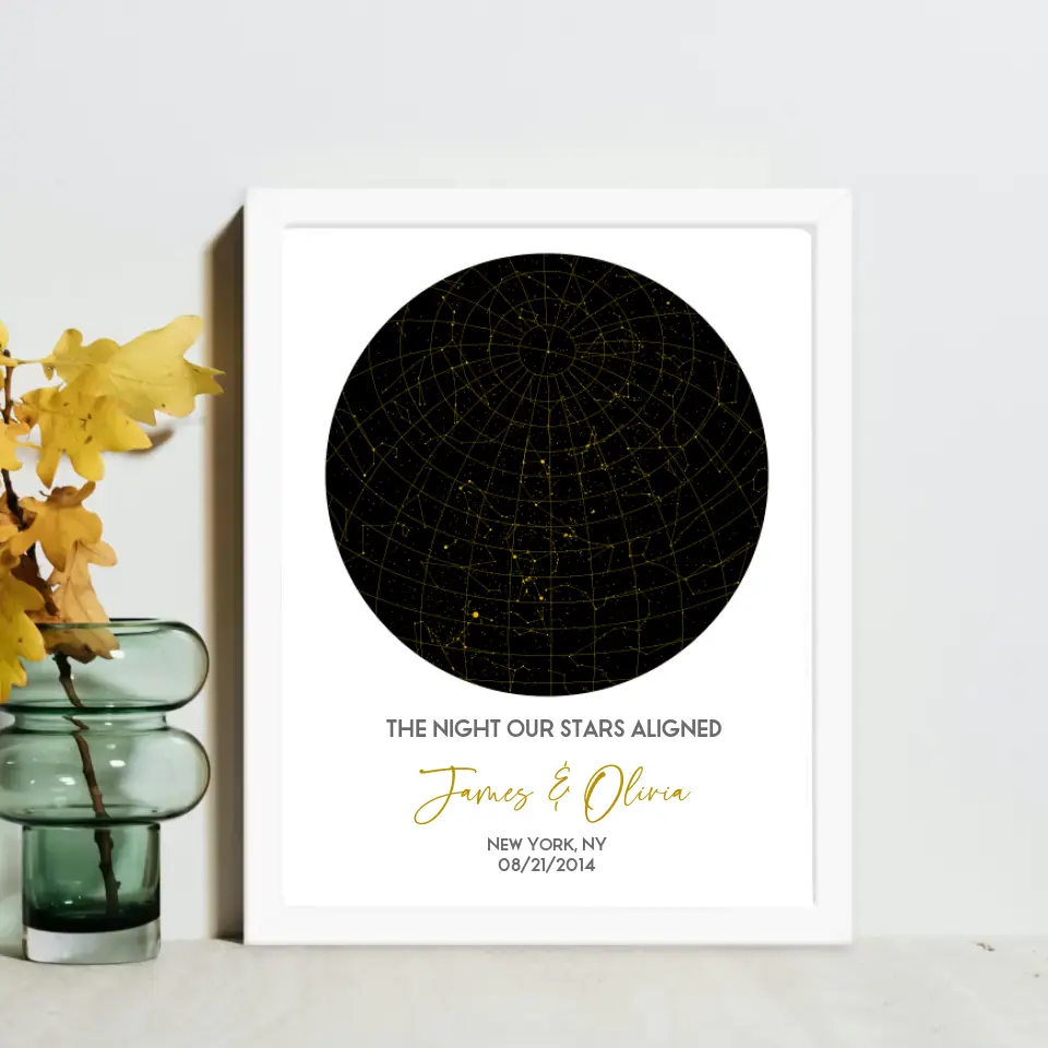 The star map gift is an 11x14 inch white framed poster featuring a circular night sky with constellations, personalized with the names, date, place, and the message ‘The night our stars aligned’.