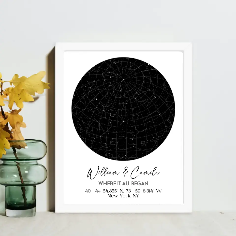 White 11x14 inch framed custom star map featuring a black circular night sky with constellations, personalized with the names 'William & Camila,' coordinates, and the message 'Where It All Began'